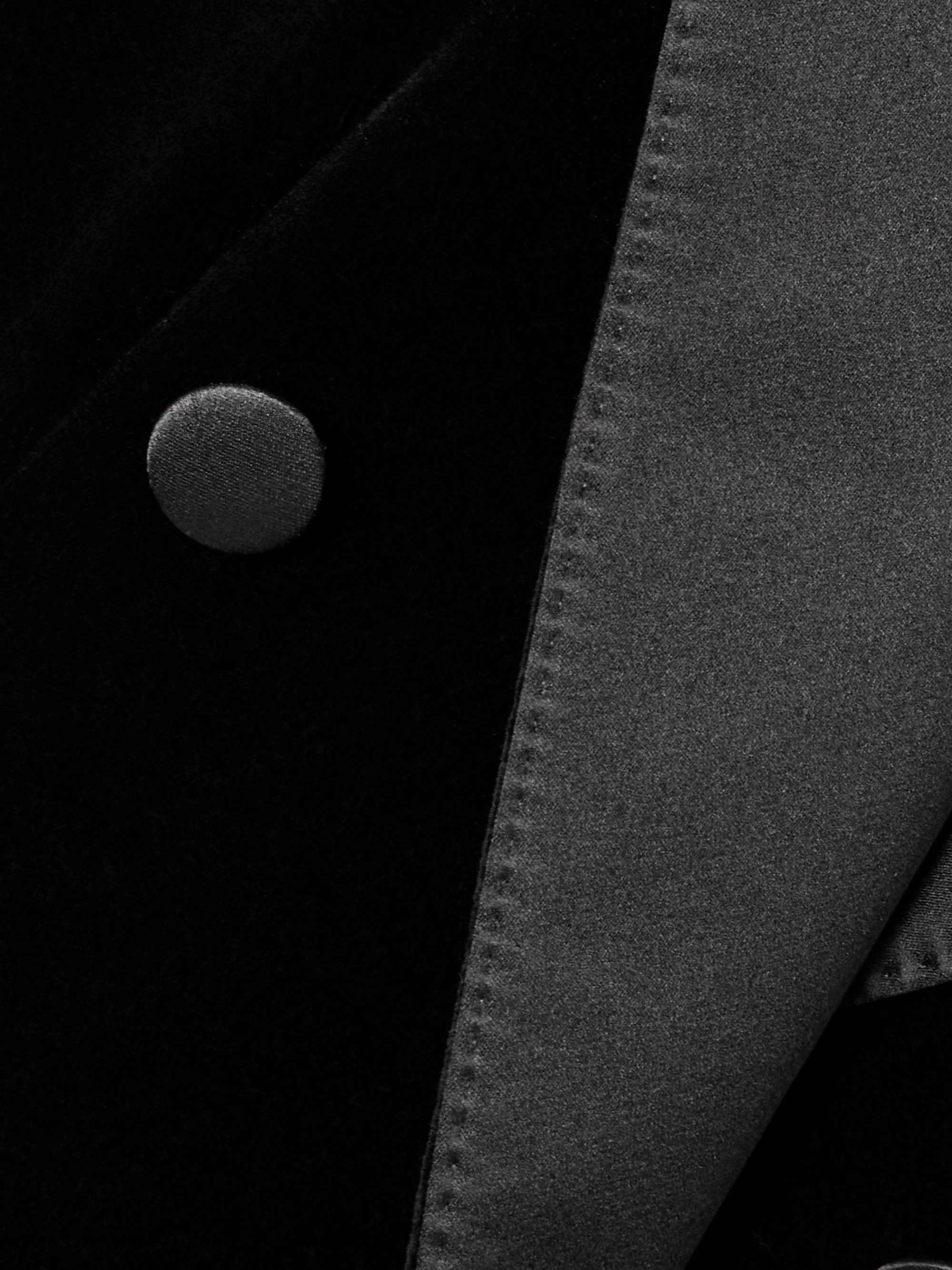 Double-breasted satin-trimmed velvet coat view