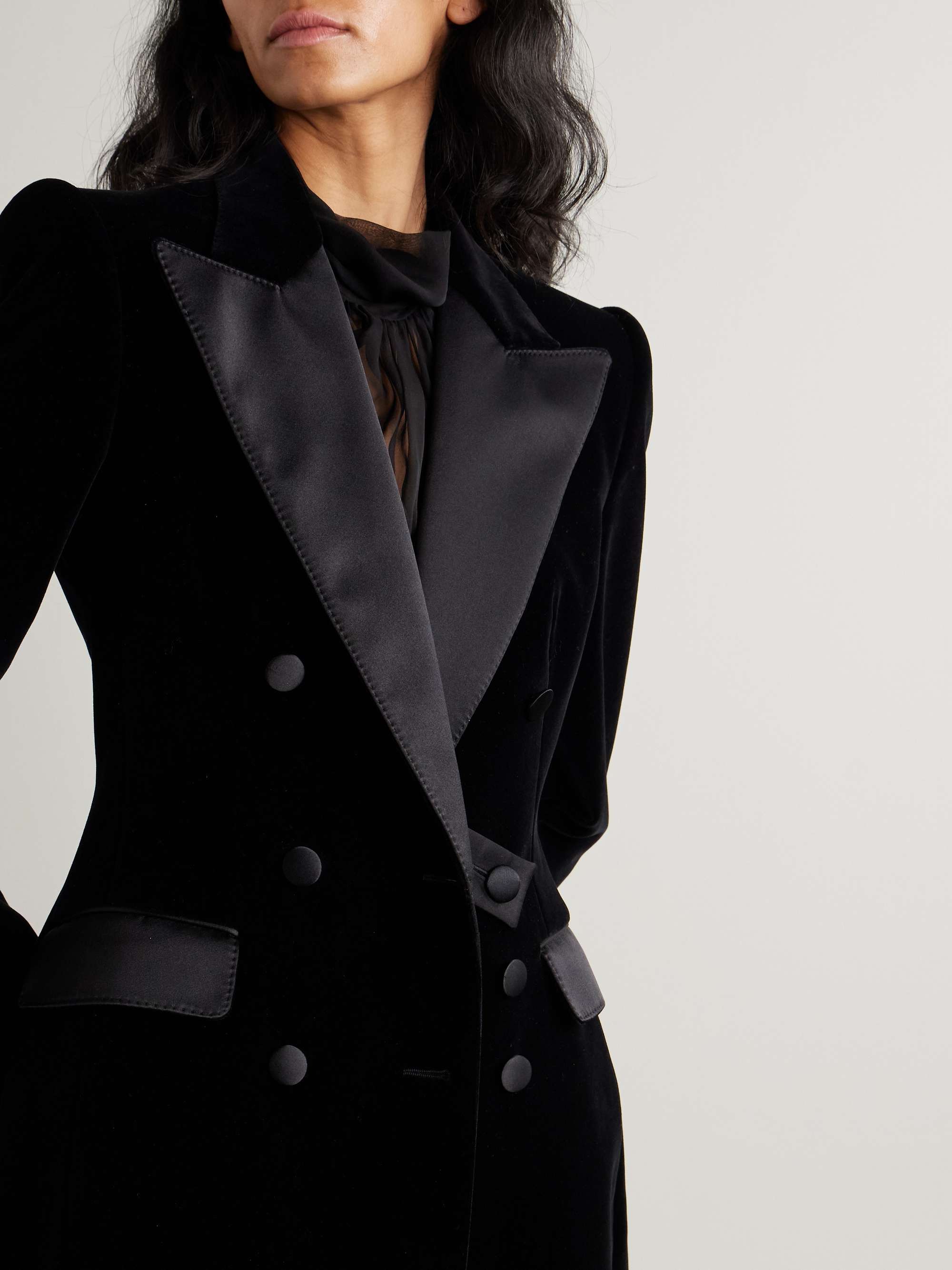 Double-breasted satin-trimmed velvet coat view