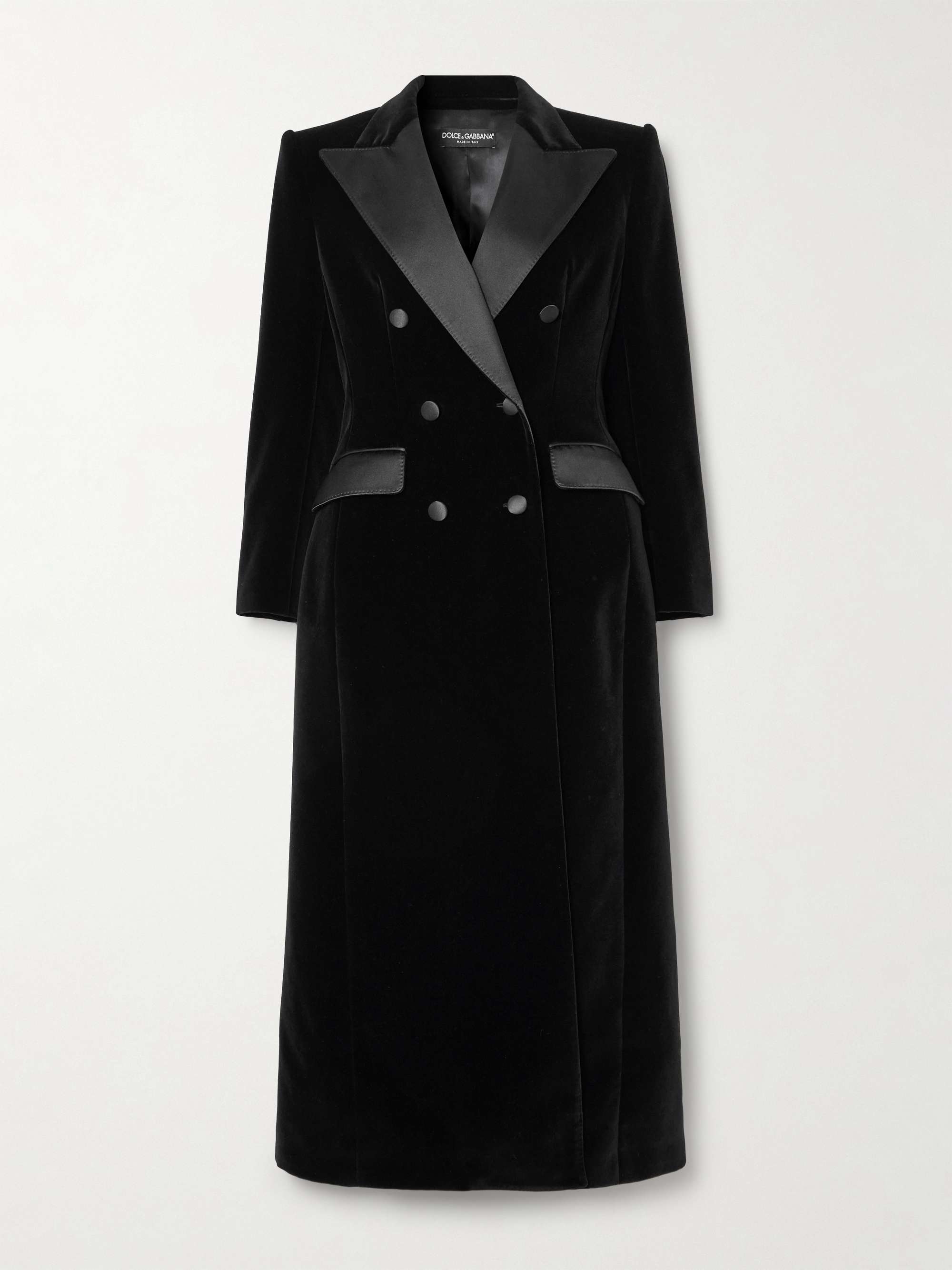 Double-breasted satin-trimmed velvet coat view
