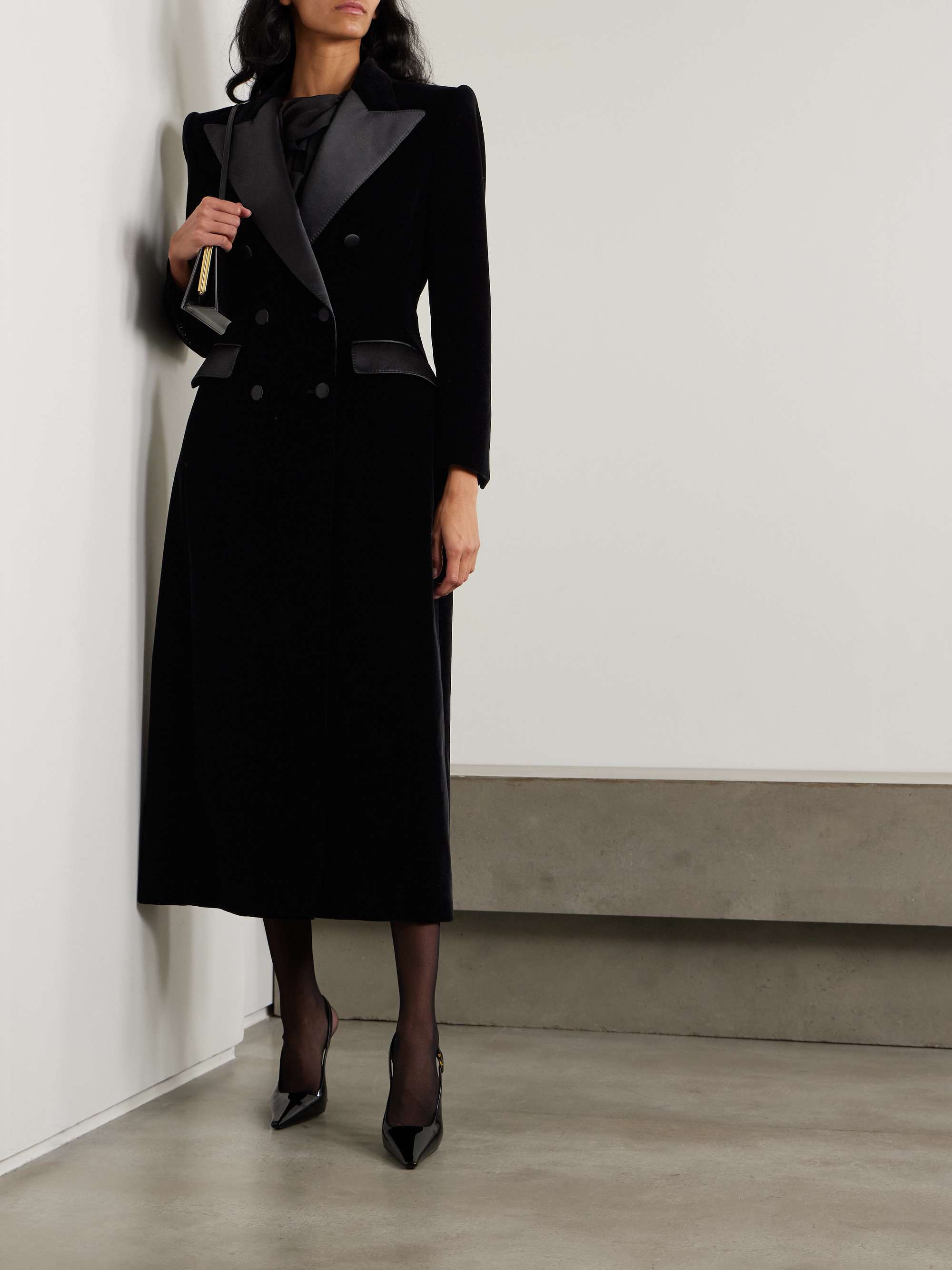 Double-breasted satin-trimmed velvet coat view