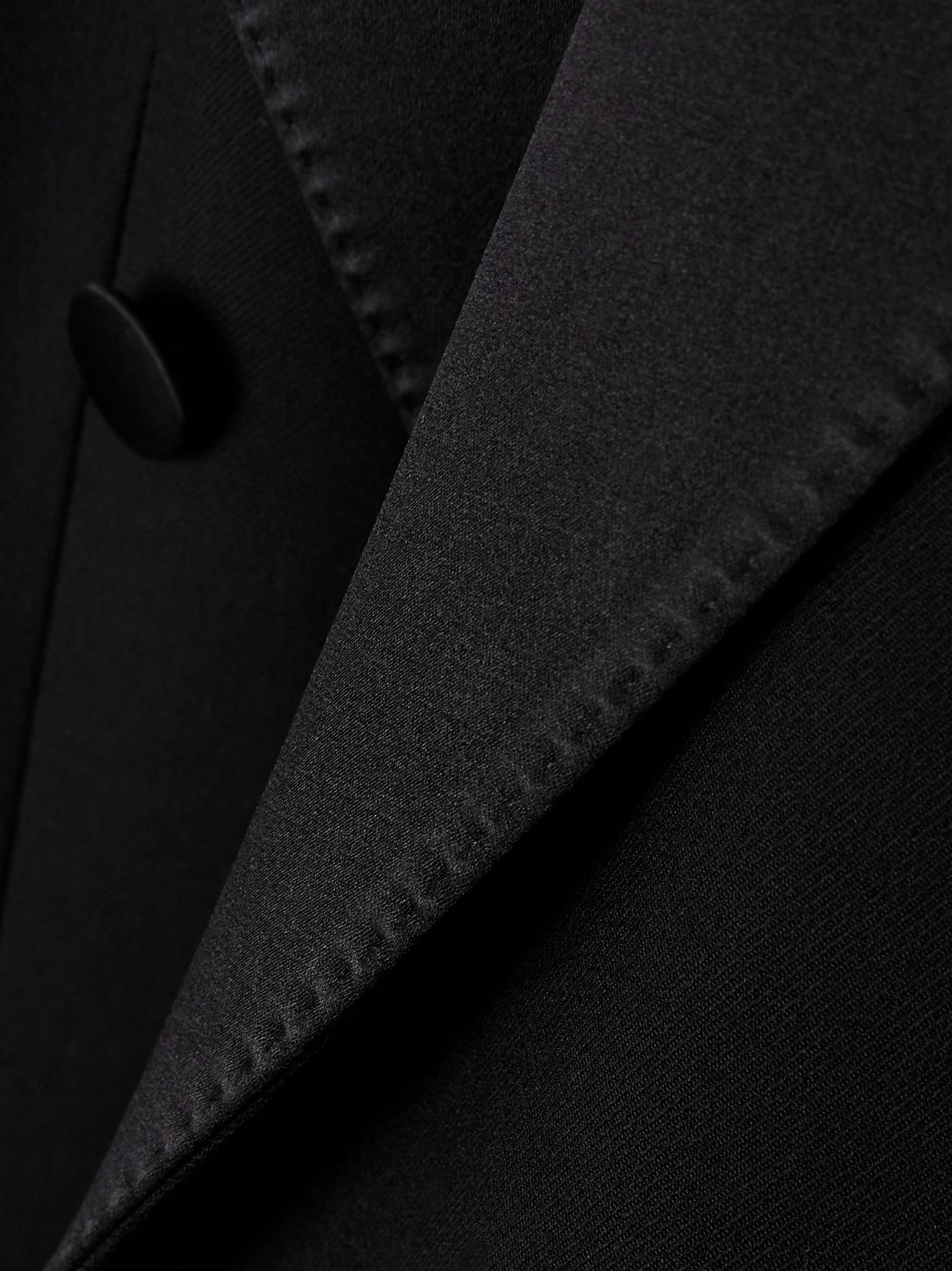 Double-breasted satin-trimmed wool-blend gabardine coat view
