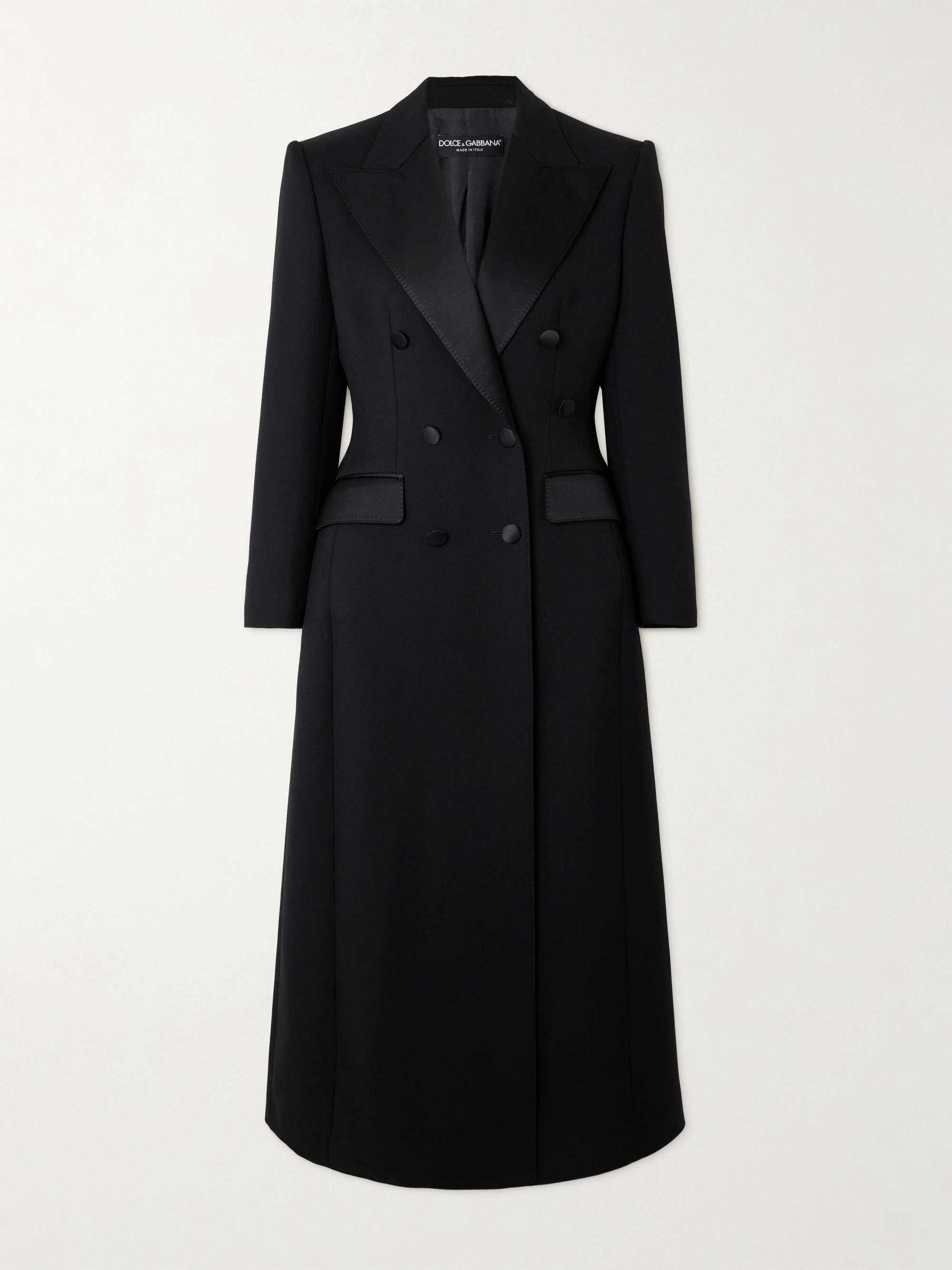 Double-breasted satin-trimmed wool-blend gabardine coat view