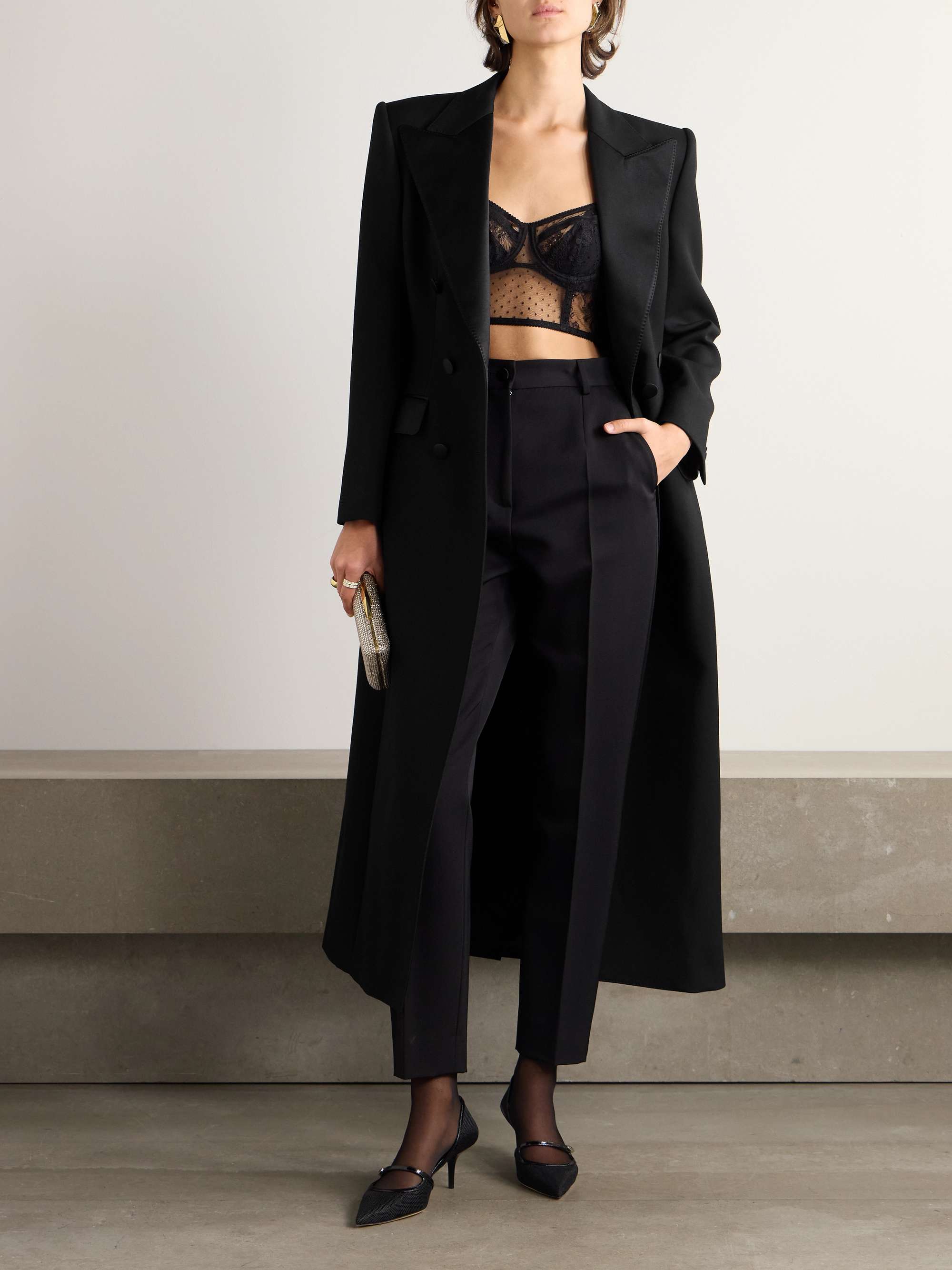 Double-breasted satin-trimmed wool-blend gabardine coat view