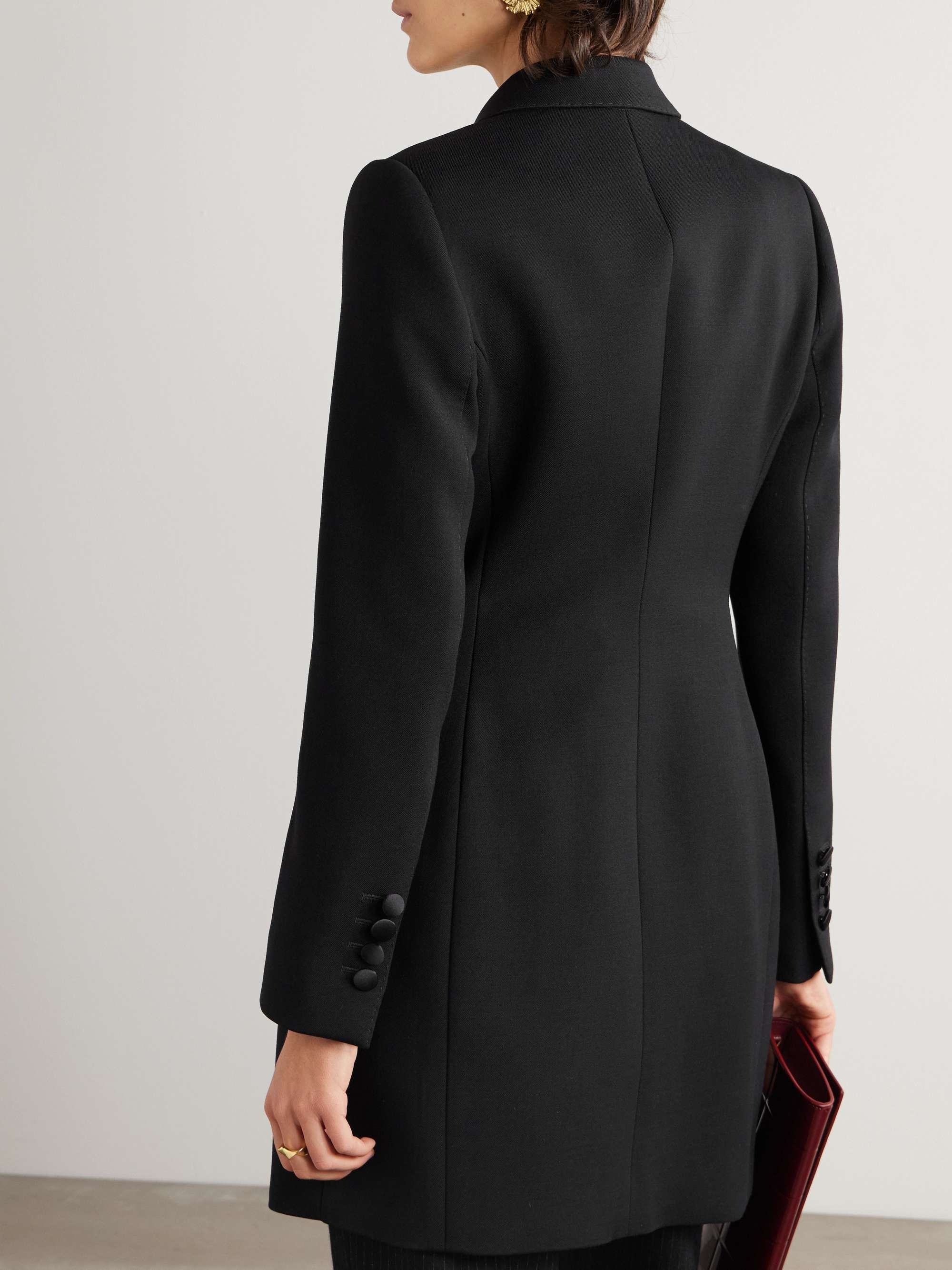 Double-breasted silk-blend satin-trimmed wool-blend twill coat view