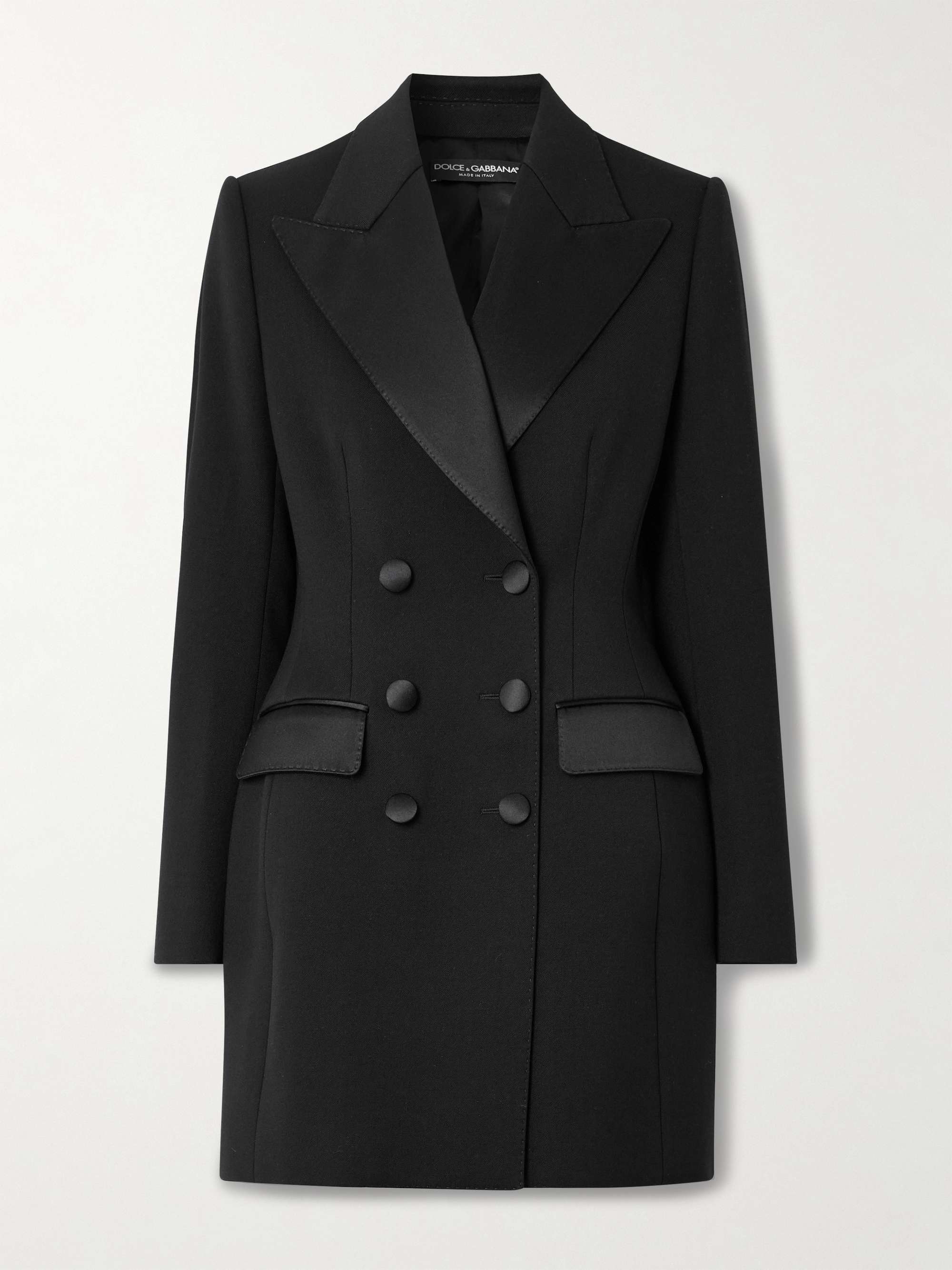 Double-breasted silk-blend satin-trimmed wool-blend twill coat view