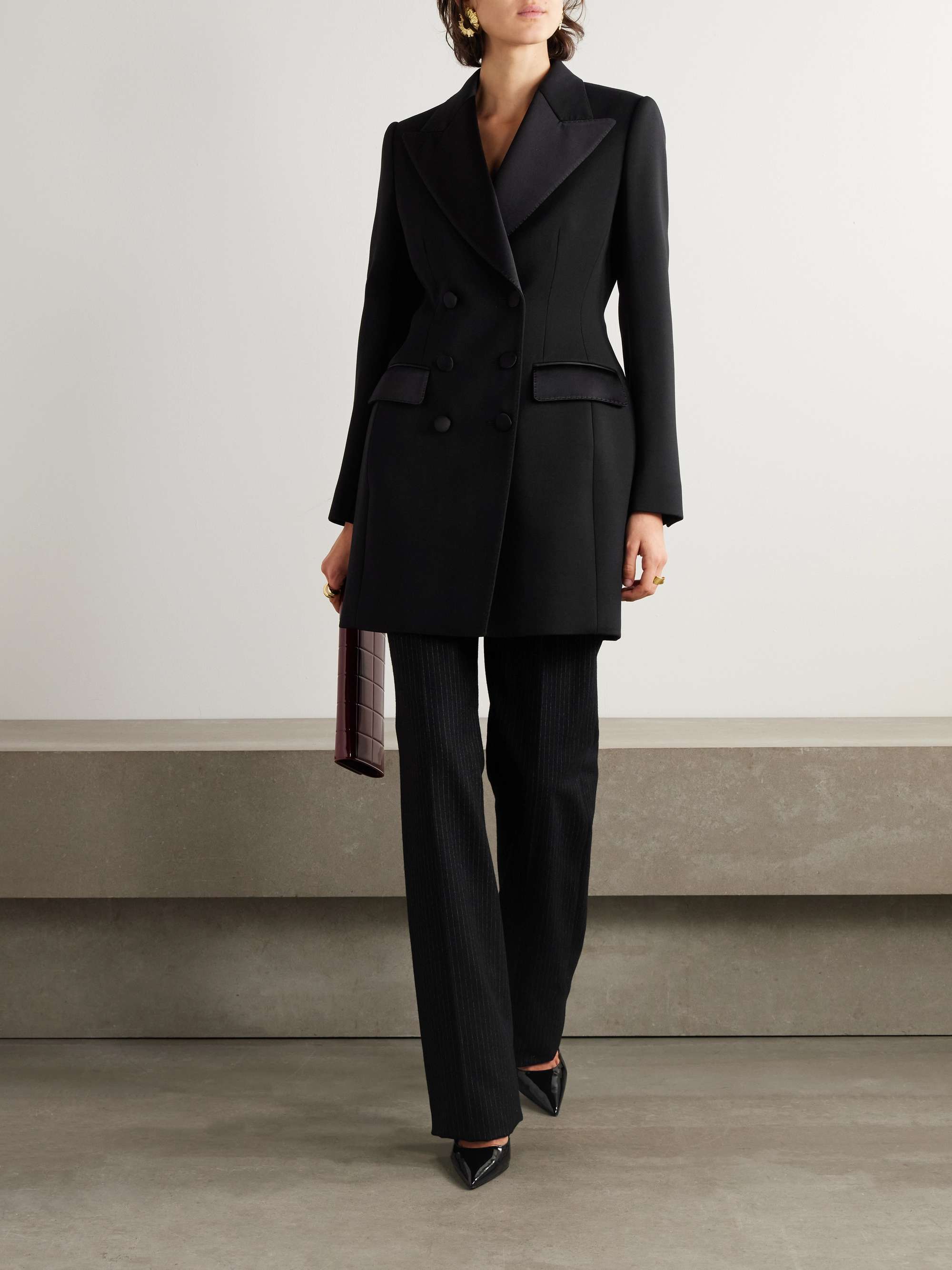 Double-breasted silk-blend satin-trimmed wool-blend twill coat view