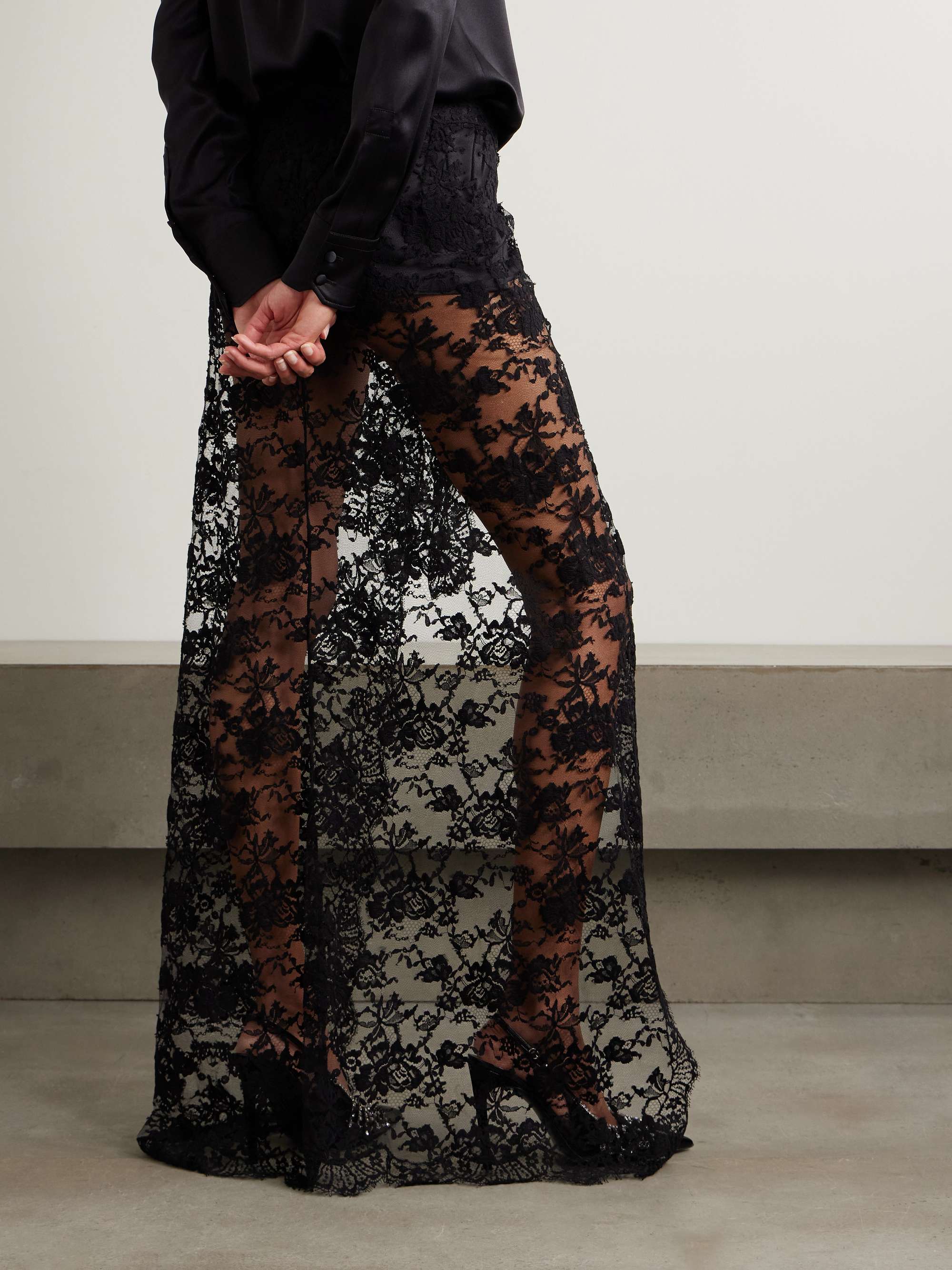 Tie-detailed cotton-blend Chantilly lace maxi skirt view