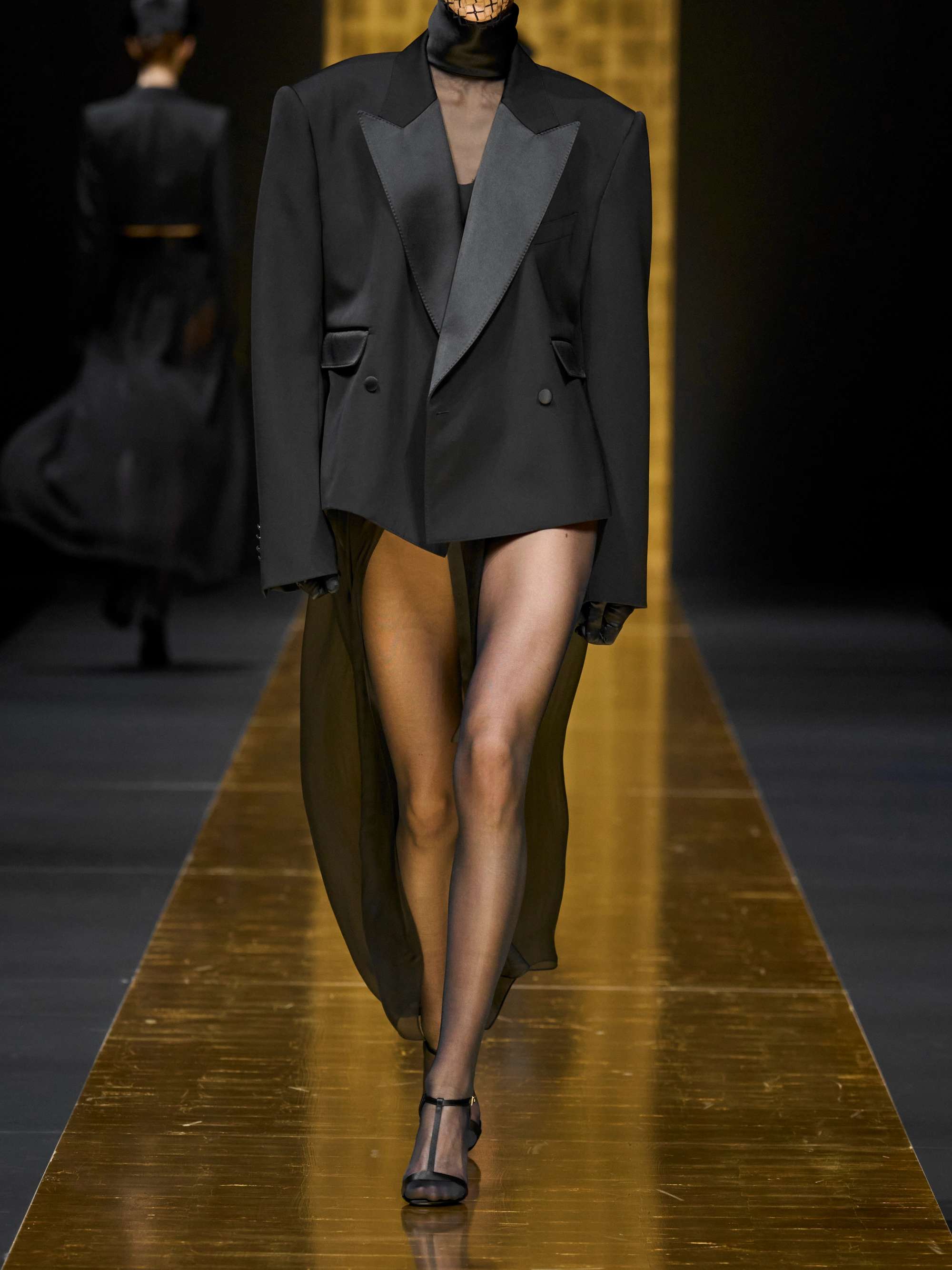 Double-breasted satin-trimmed wool-blend blazer view