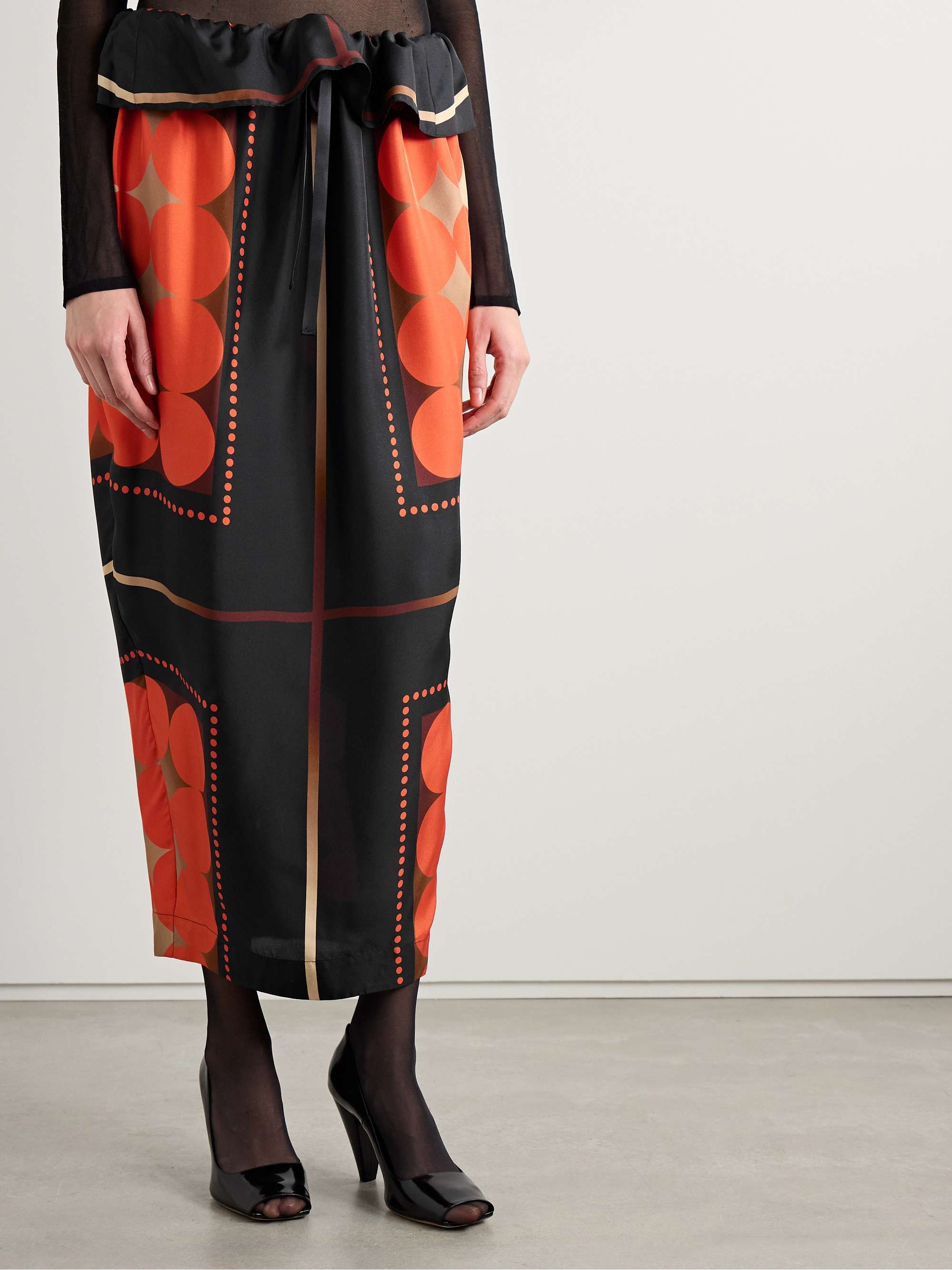 Lilila ruffled printed silk-twill midi skirt view