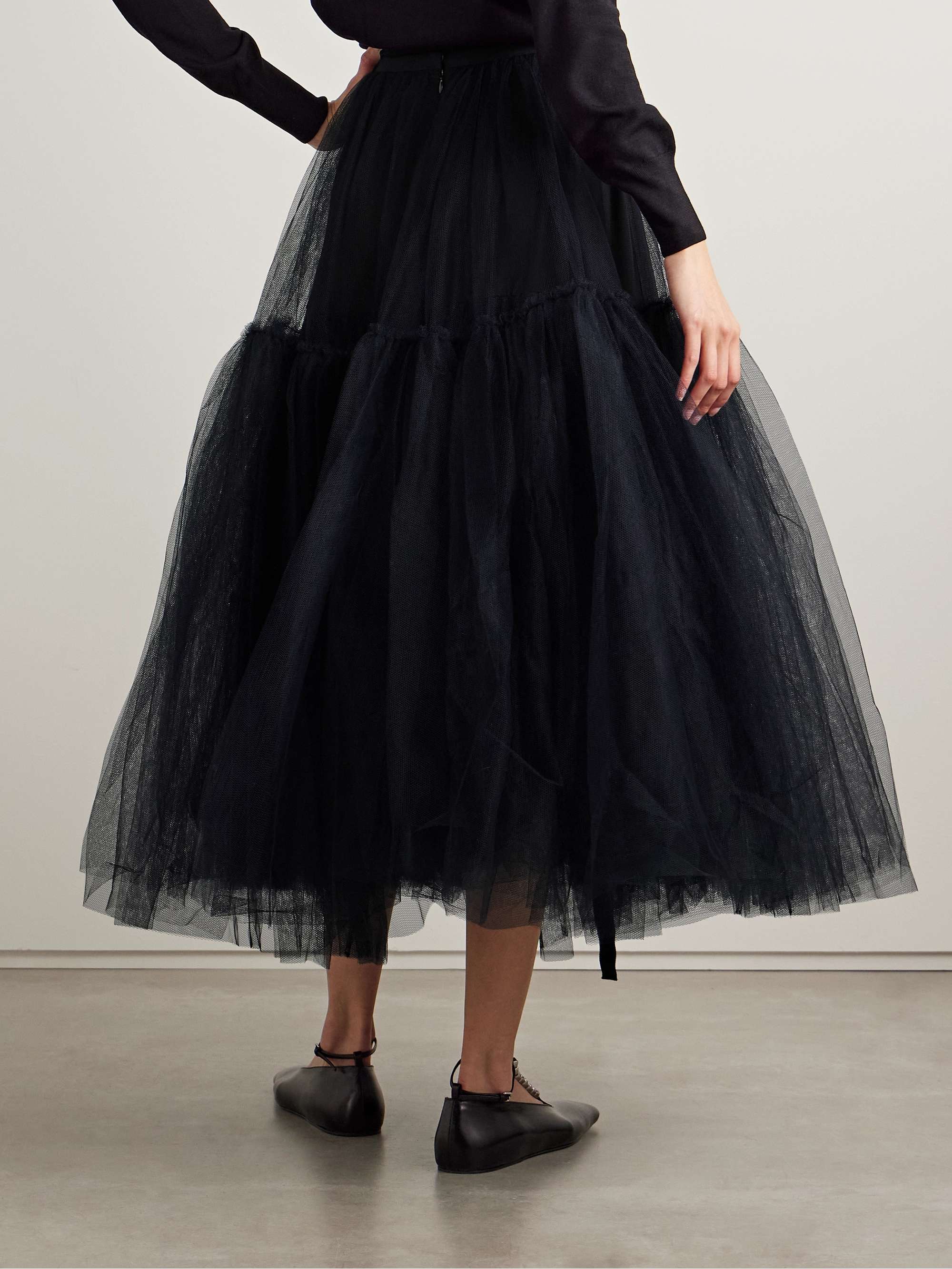 Grosgrain-trimmed gathered tulle midi skirt view