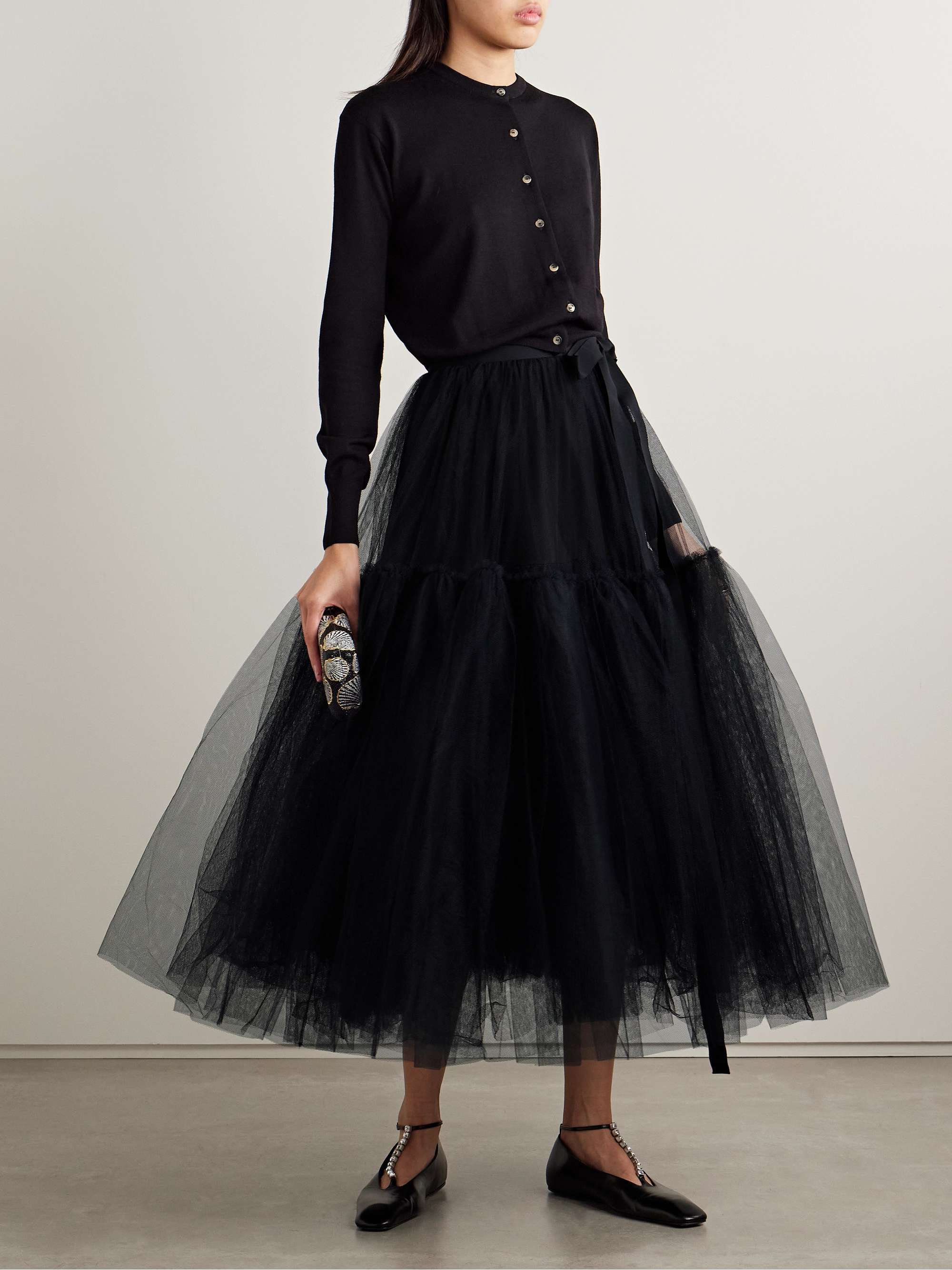 Grosgrain-trimmed gathered tulle midi skirt view