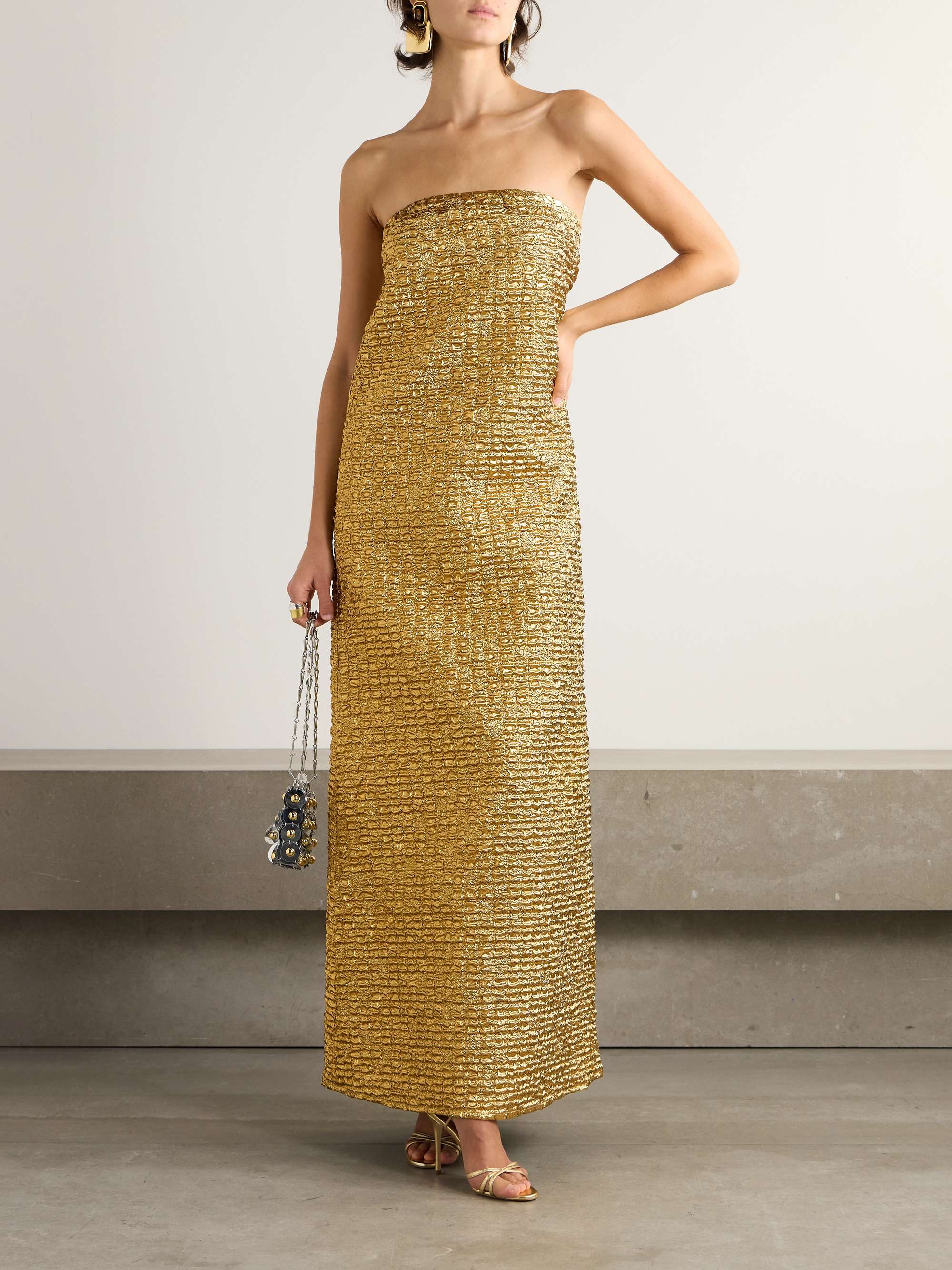 Off-the-shoulder metallic-cloqué gown view