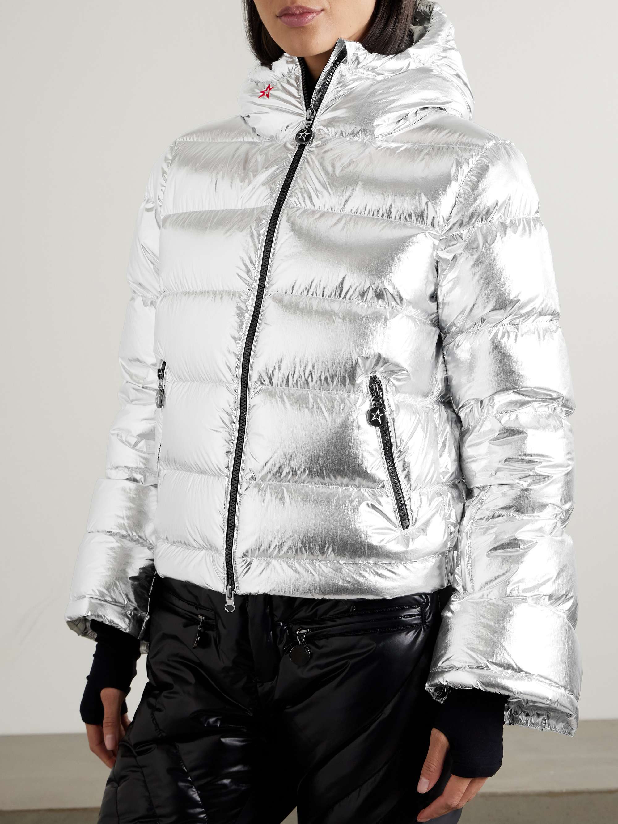 Hooded metallic down ski jacket view