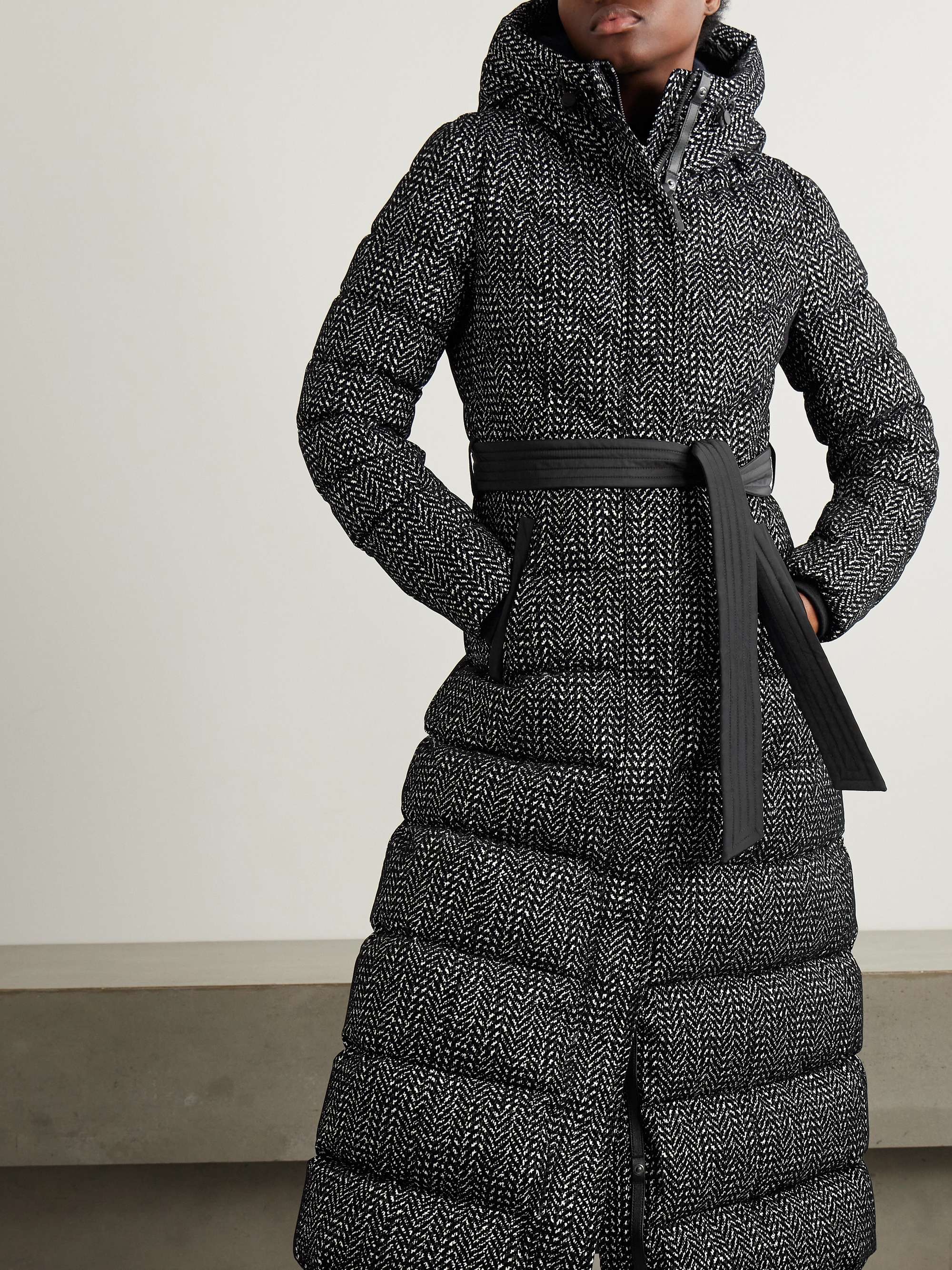 Calina-FLP hooded belted flocked quilted shell down coat view