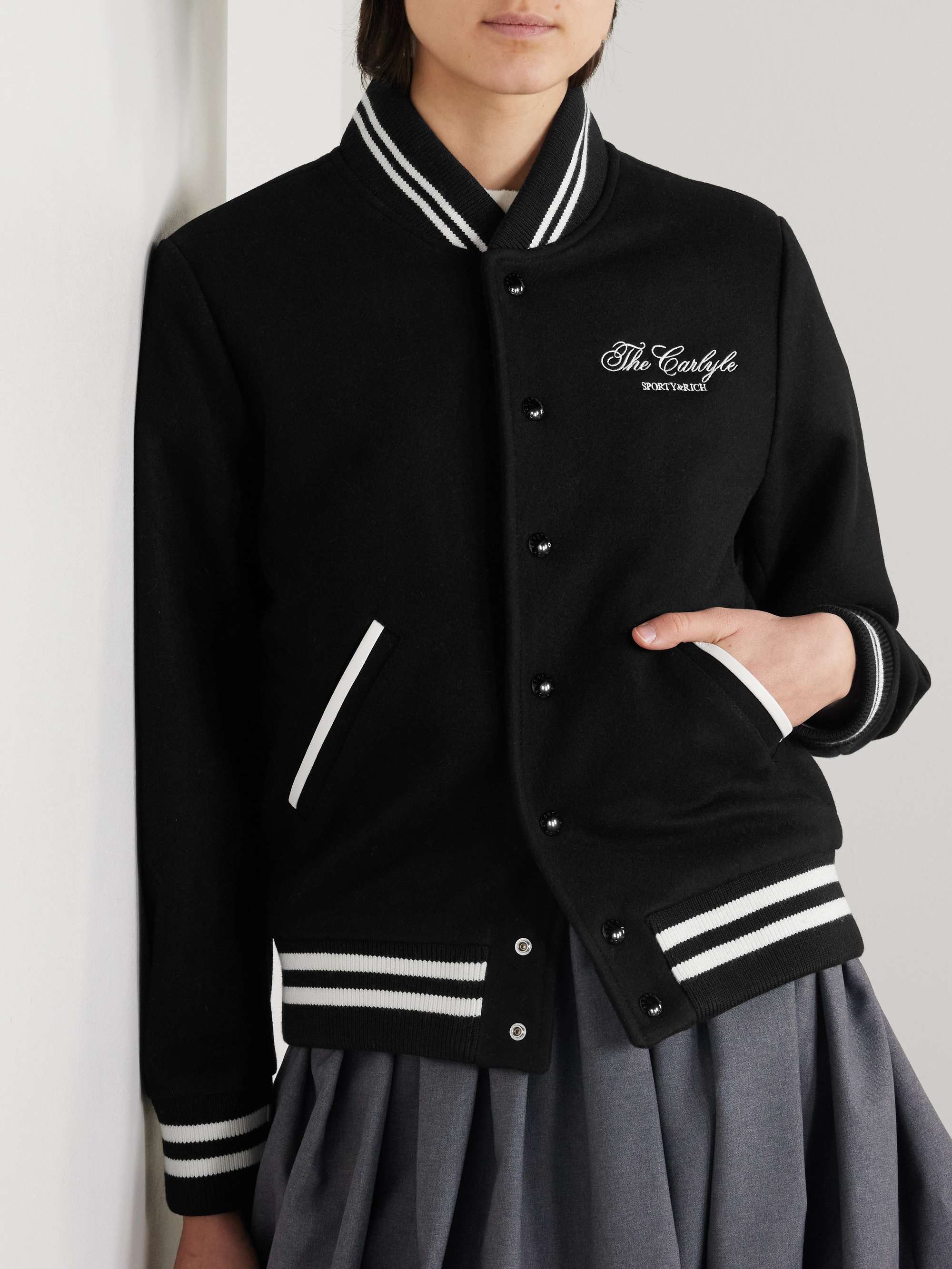 + The Carlyle embroidered striped wool-blend felt varsity jacket view