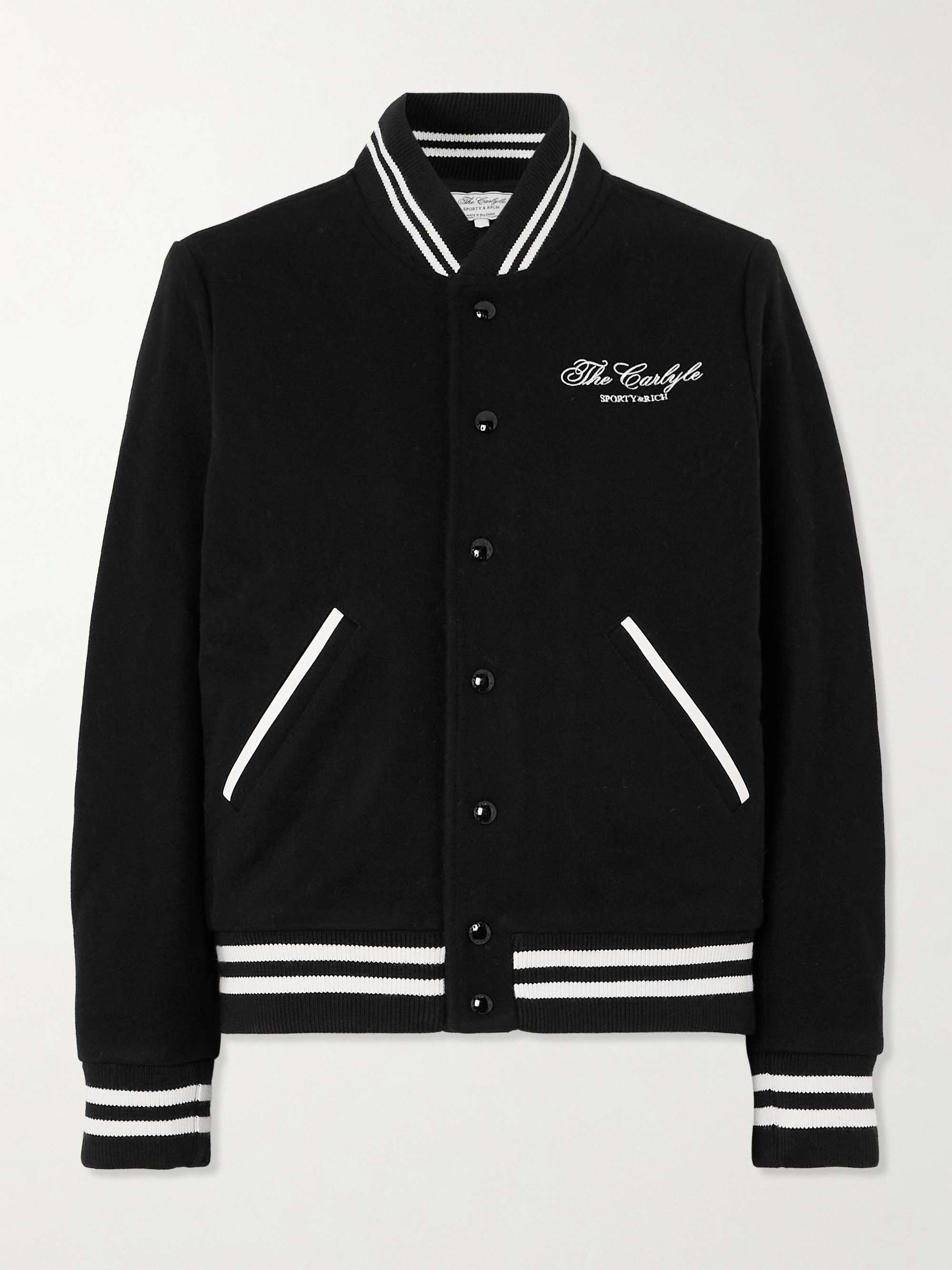 + The Carlyle embroidered striped wool-blend felt varsity jacket view