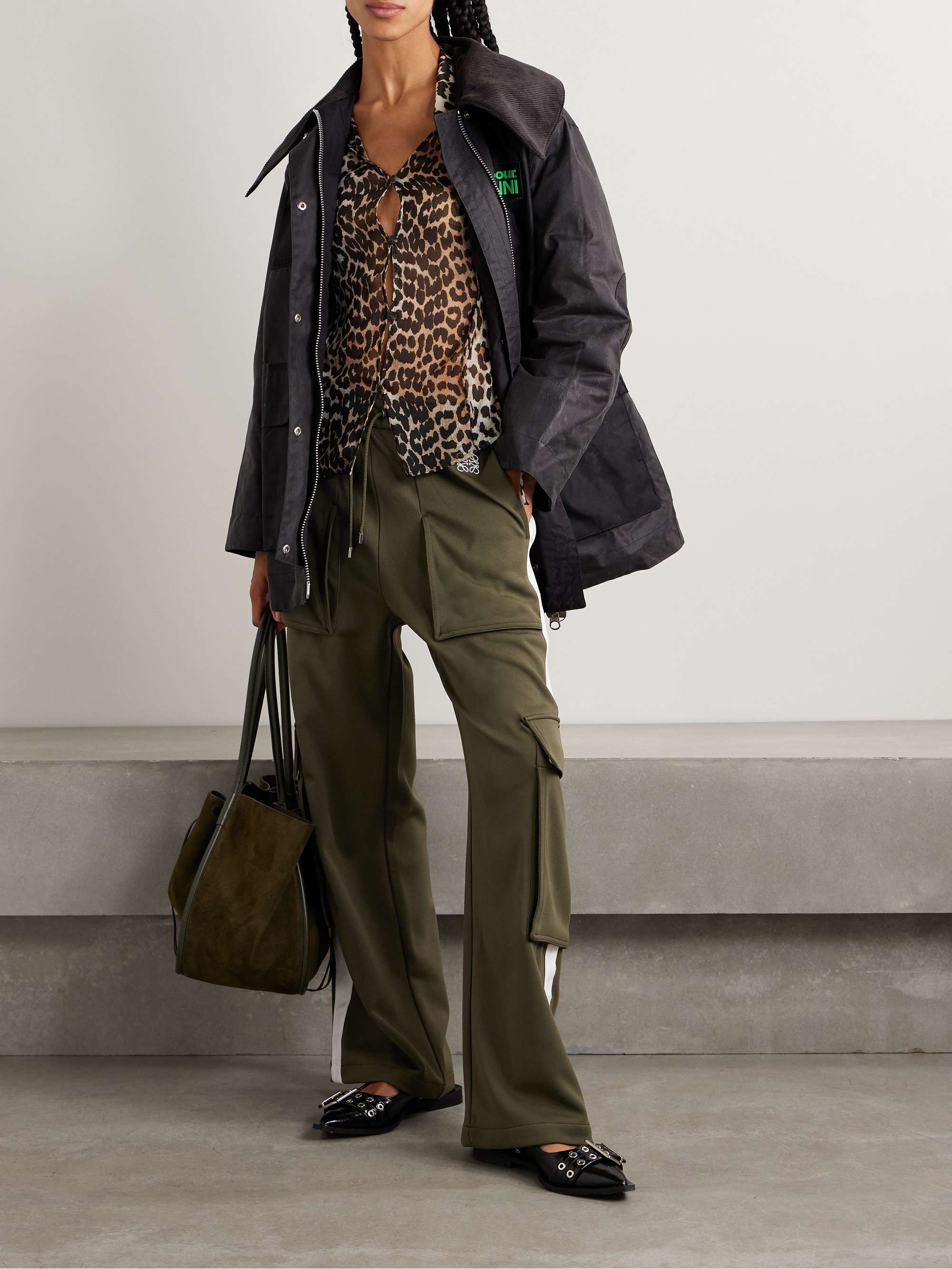 + GANNI corduroy-trimmed paneled checked waxed-organic cotton jacket view