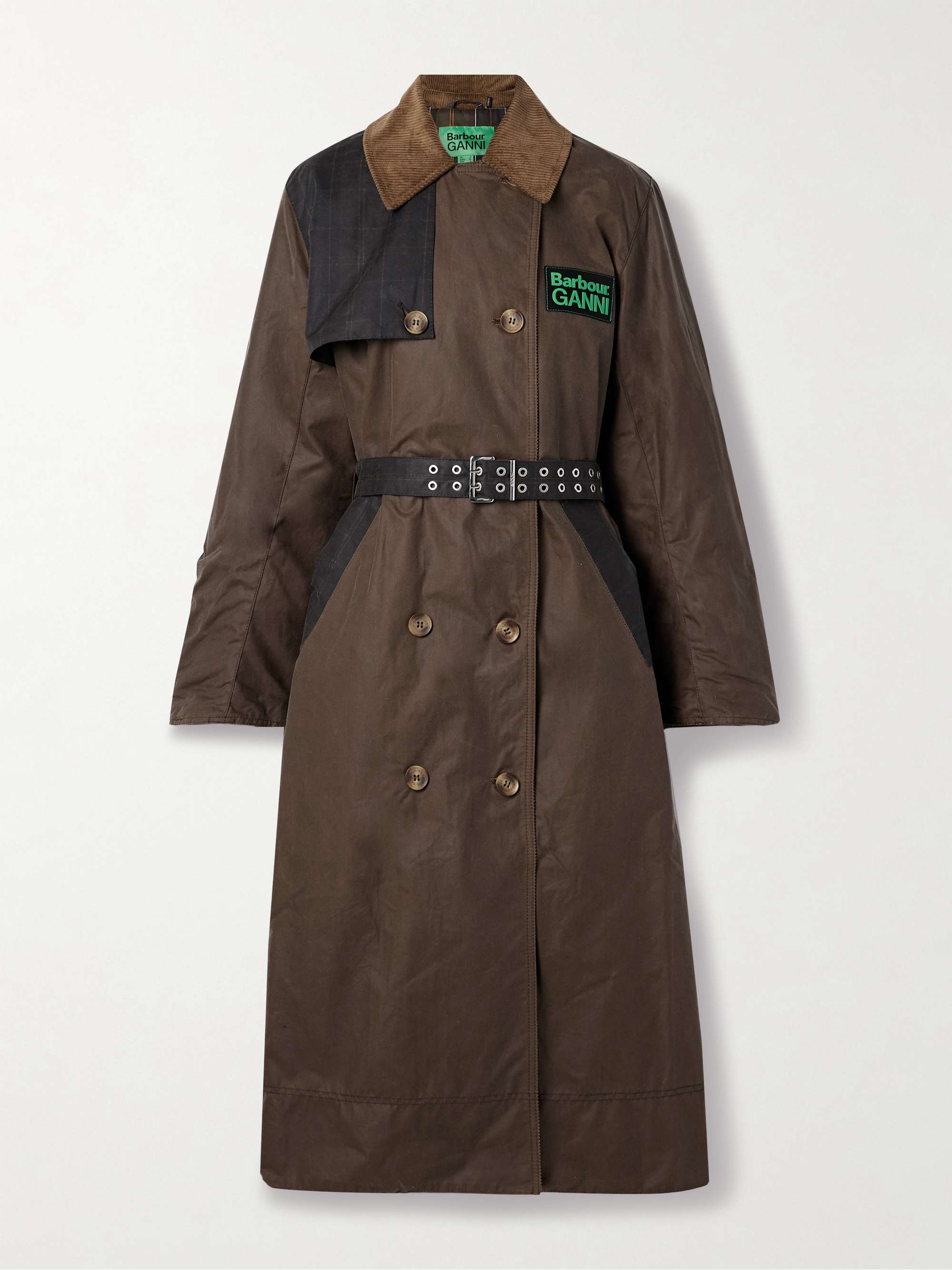 + GANNI belted corduroy-trimmed paneled checked waxed-organic cotton trench coat view