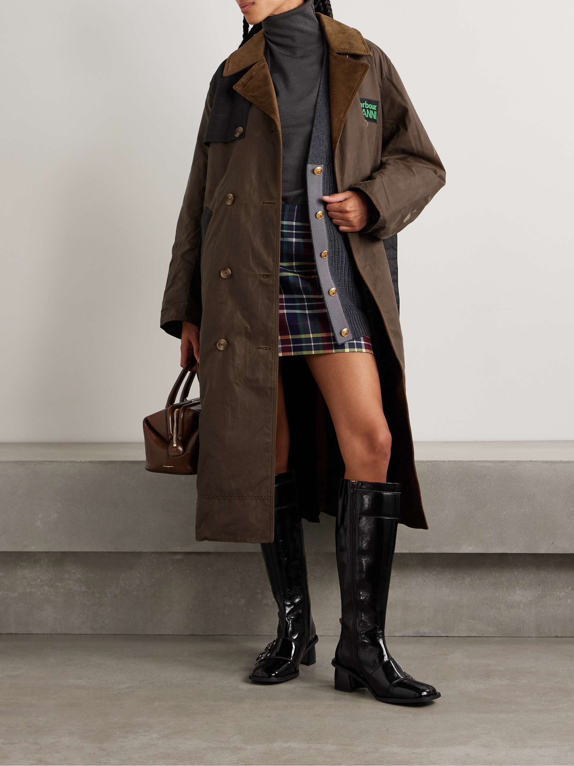 + GANNI belted corduroy-trimmed paneled checked waxed-organic cotton trench coat view