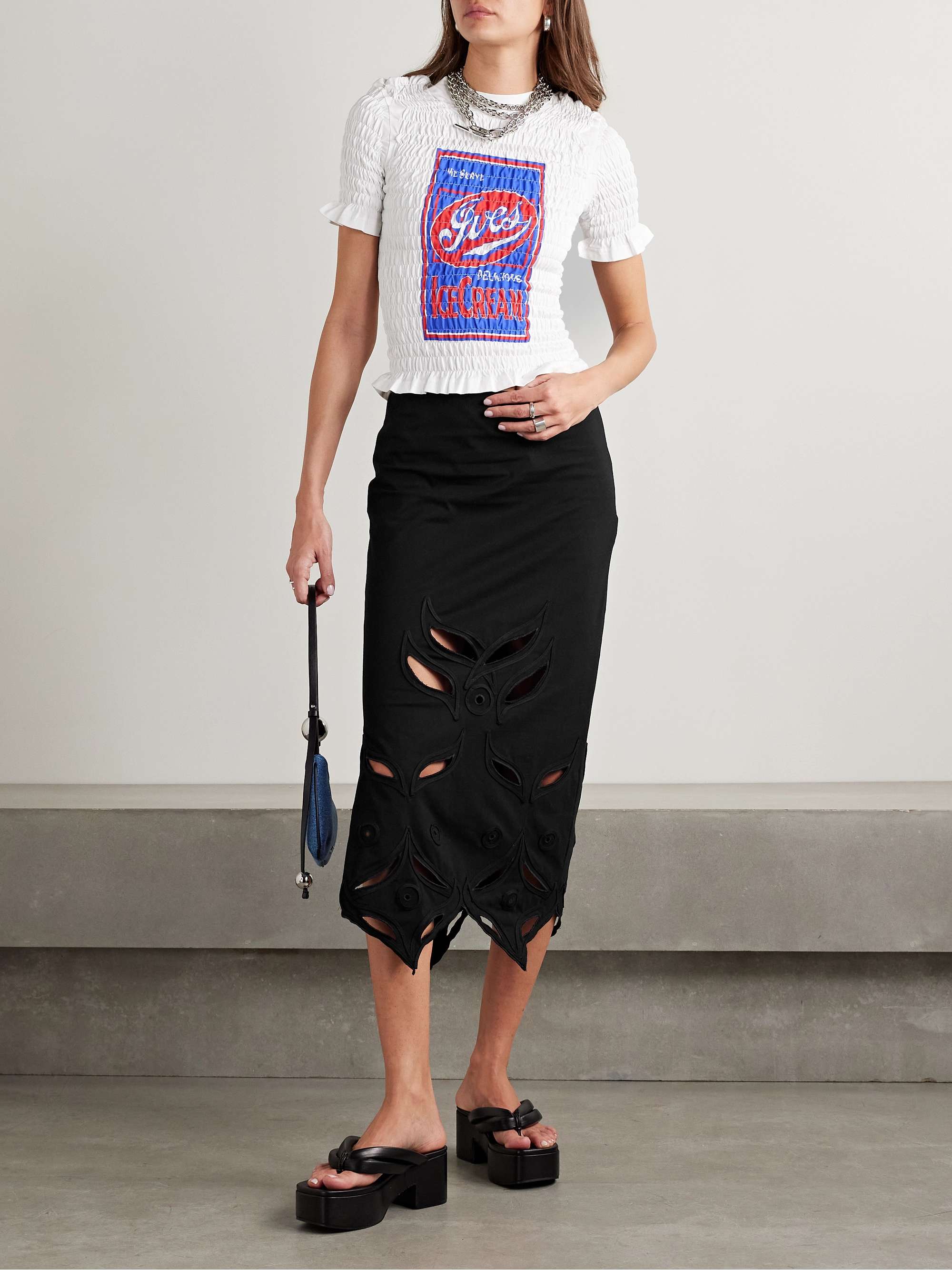 Schiffli cutout appliquéd embroidered cotton-jersey midi skirt view