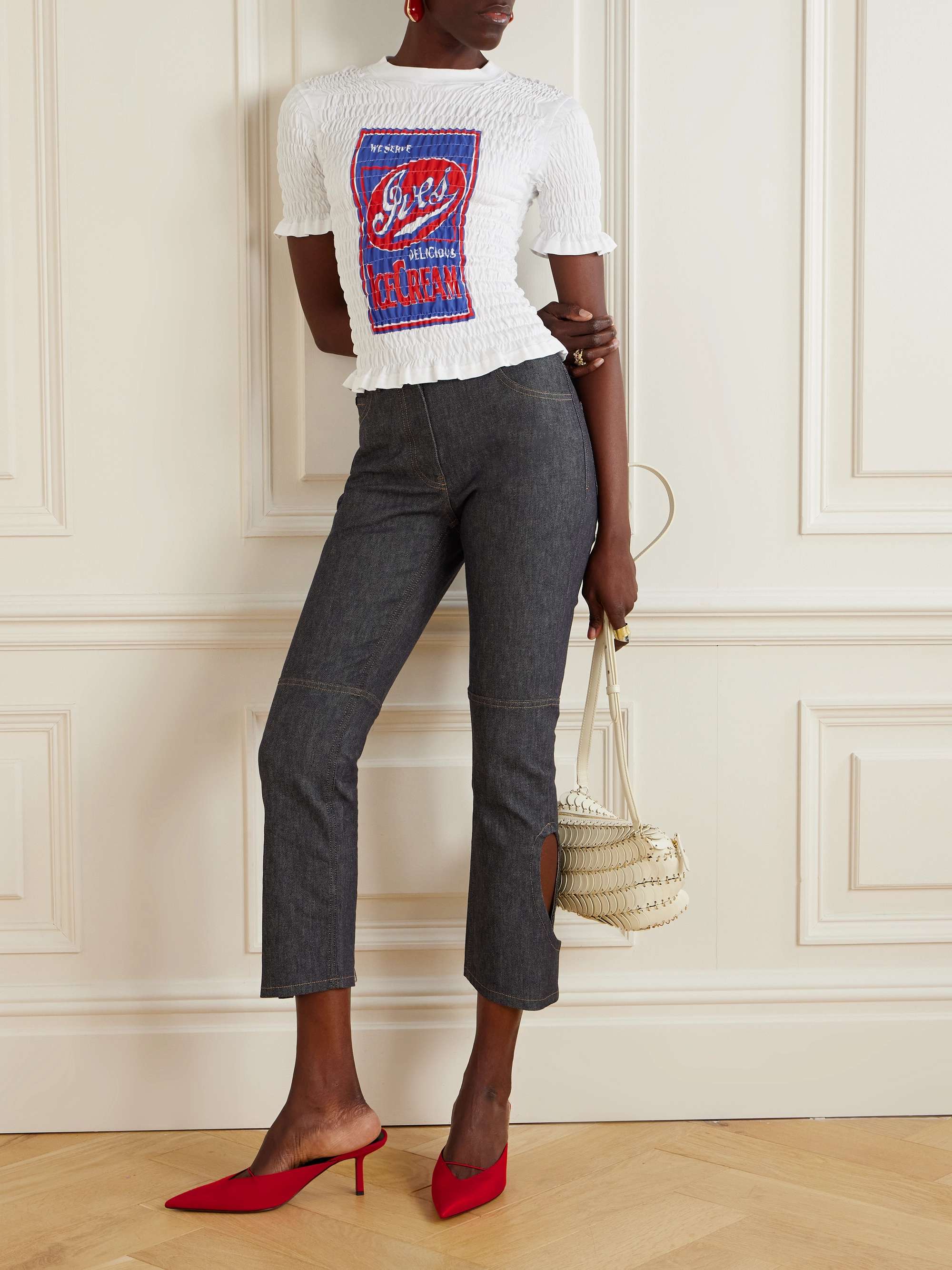 Cropped shirred printed cotton-poplin T-shirt view