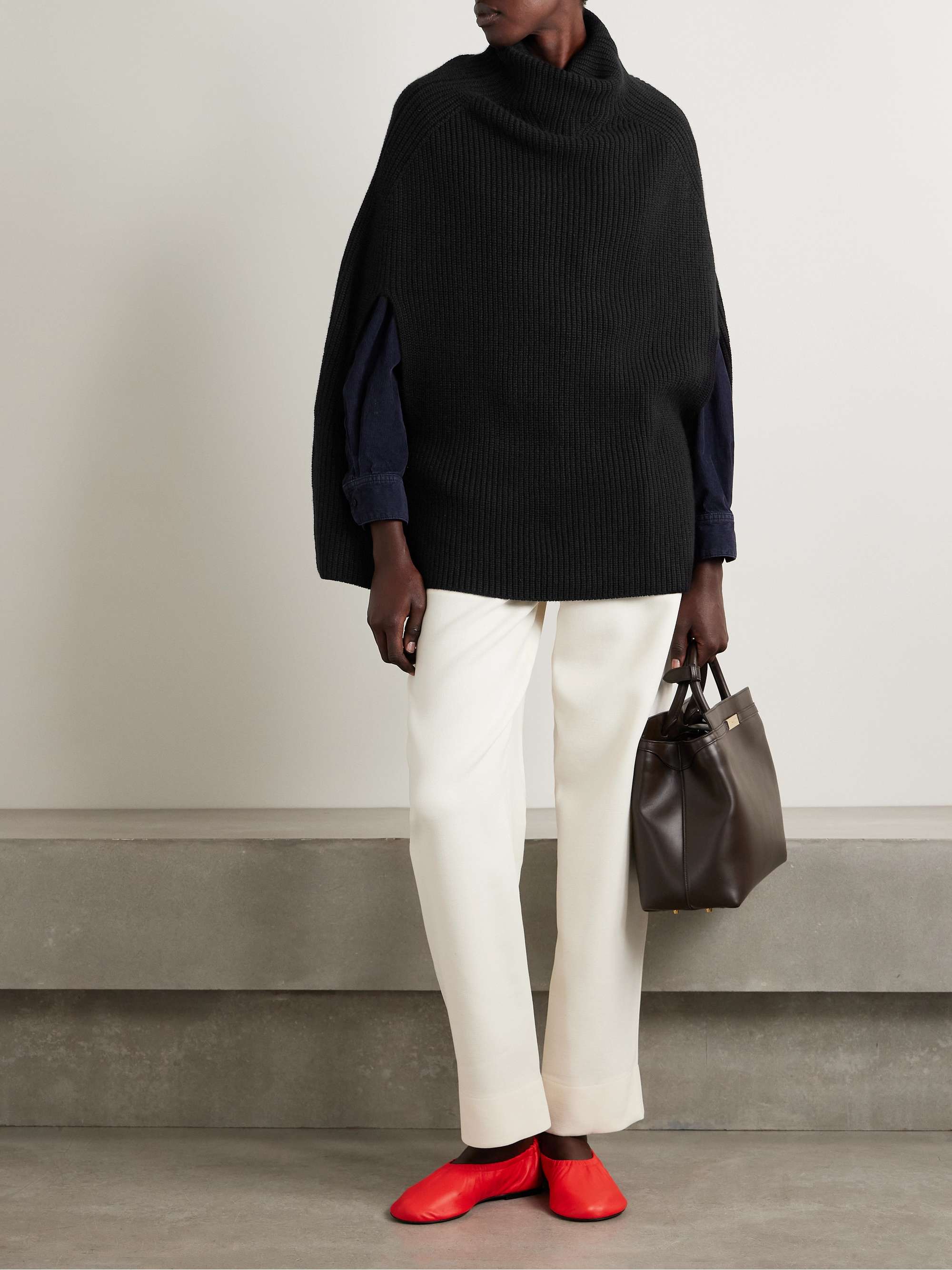Marine ribbed cashmere cape view
