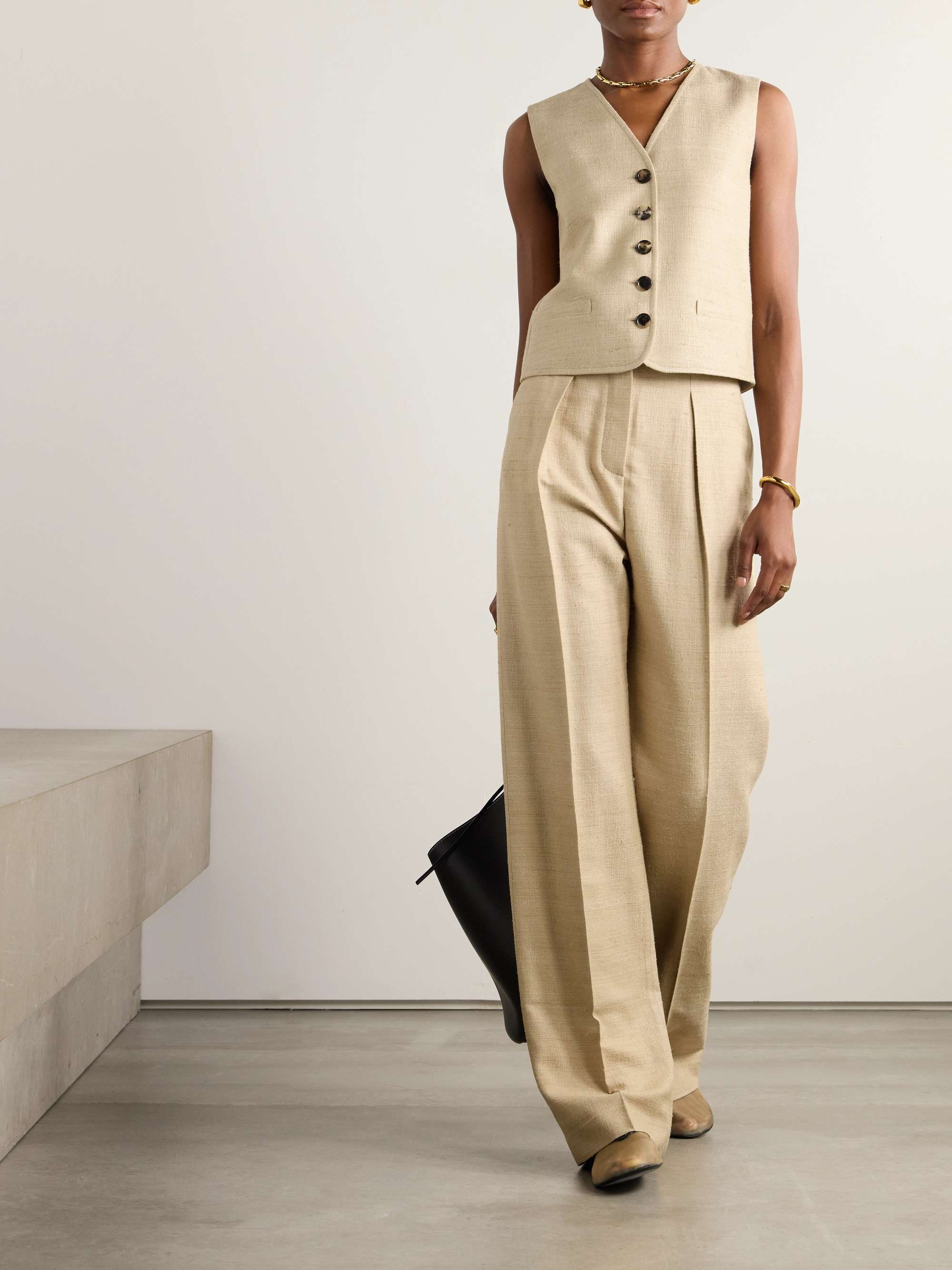 Edward belted pleated raw silk wide-leg pants view