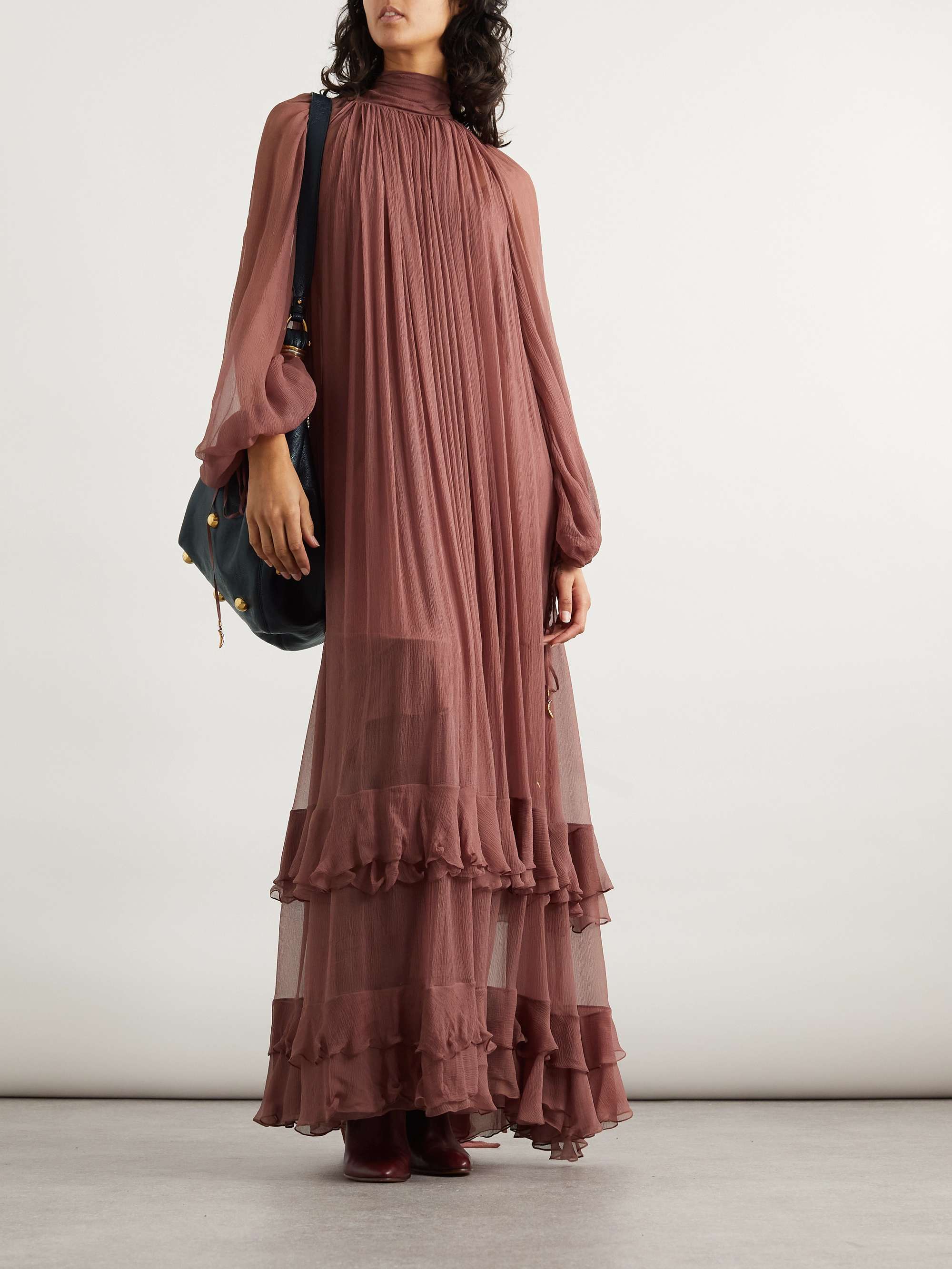 Ruffled tiered pleated silk-crepon gown view