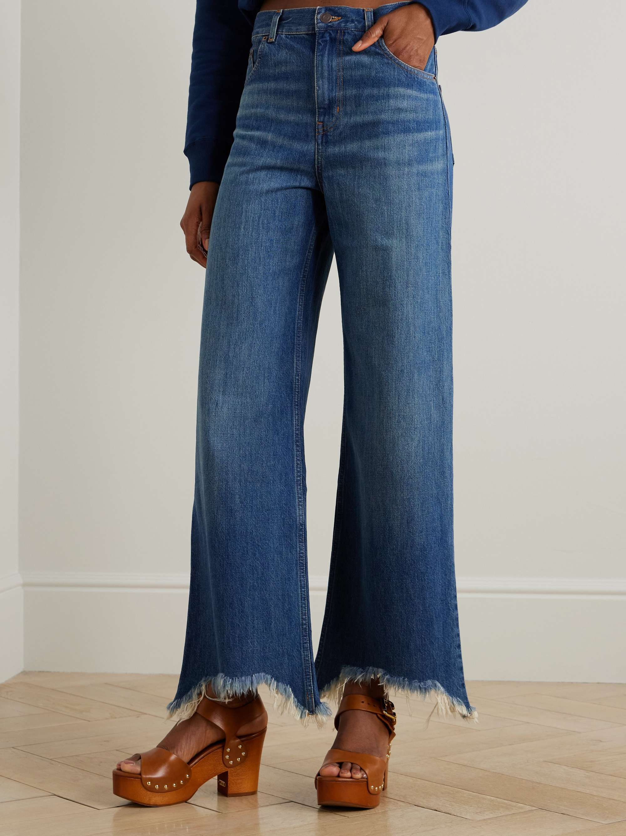 Cropped distressed high-rise wide-leg jeans view