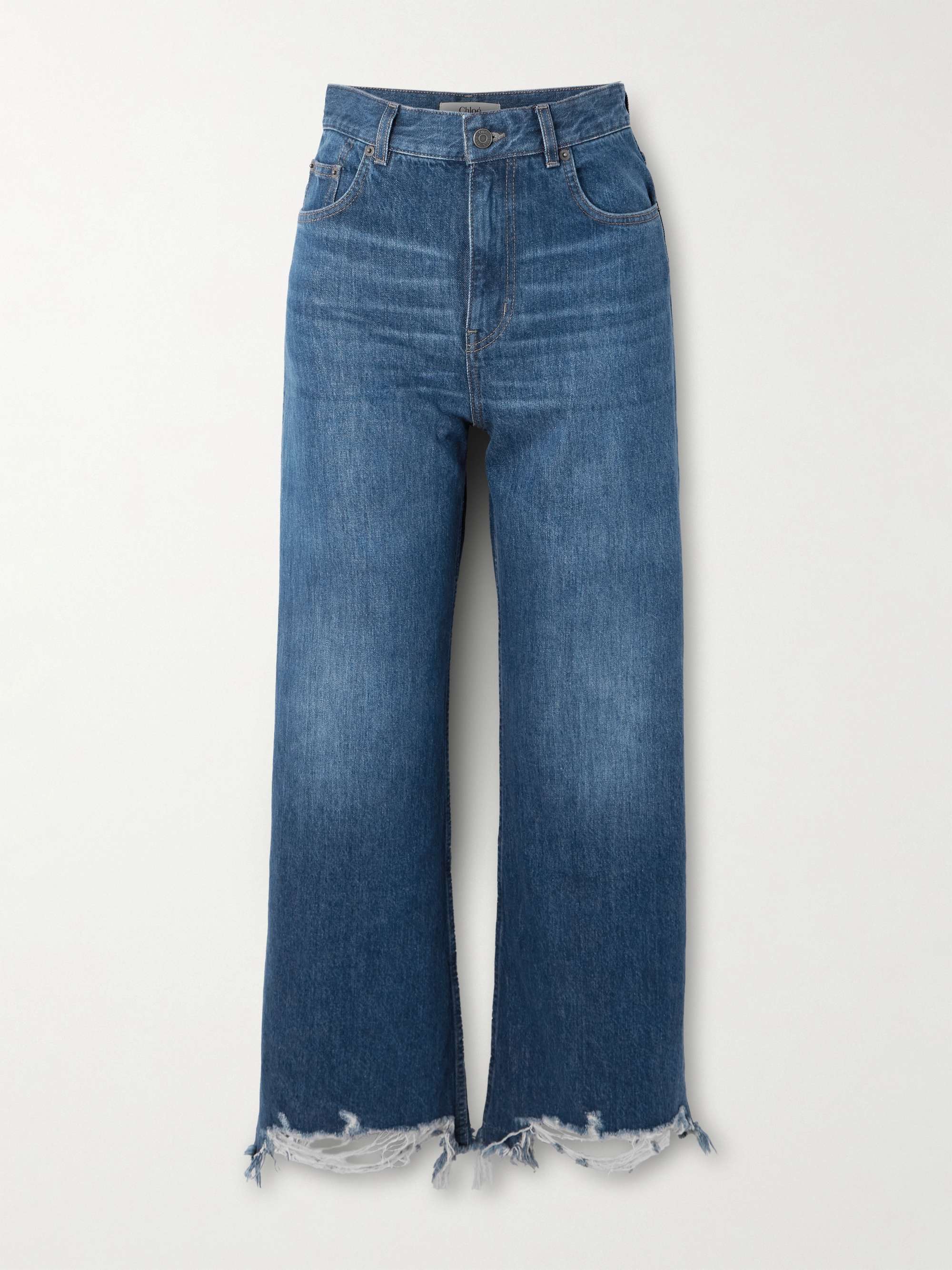 Cropped distressed high-rise wide-leg jeans view