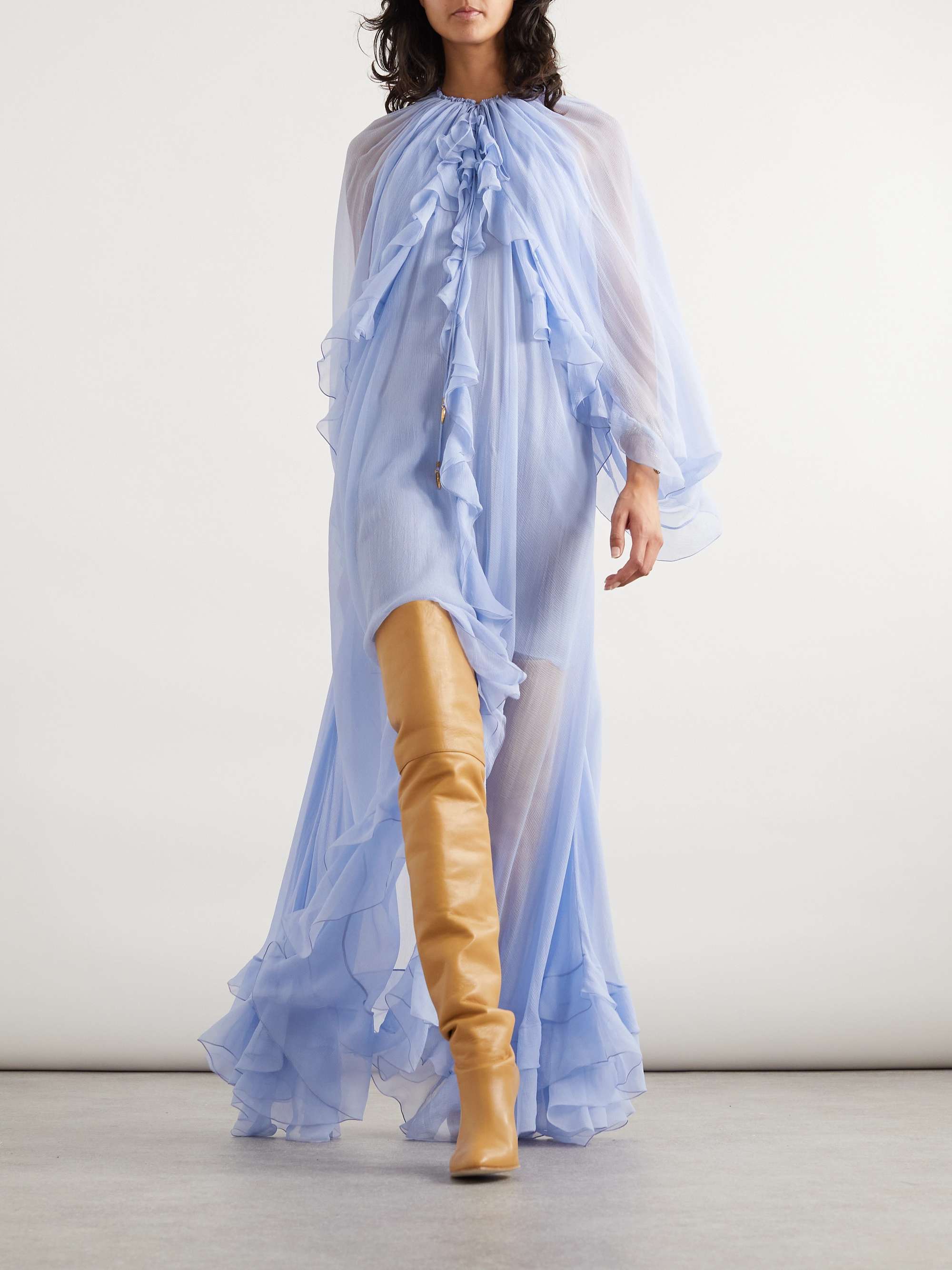 Cape-effect open-back ruffled silk-crepon gown view
