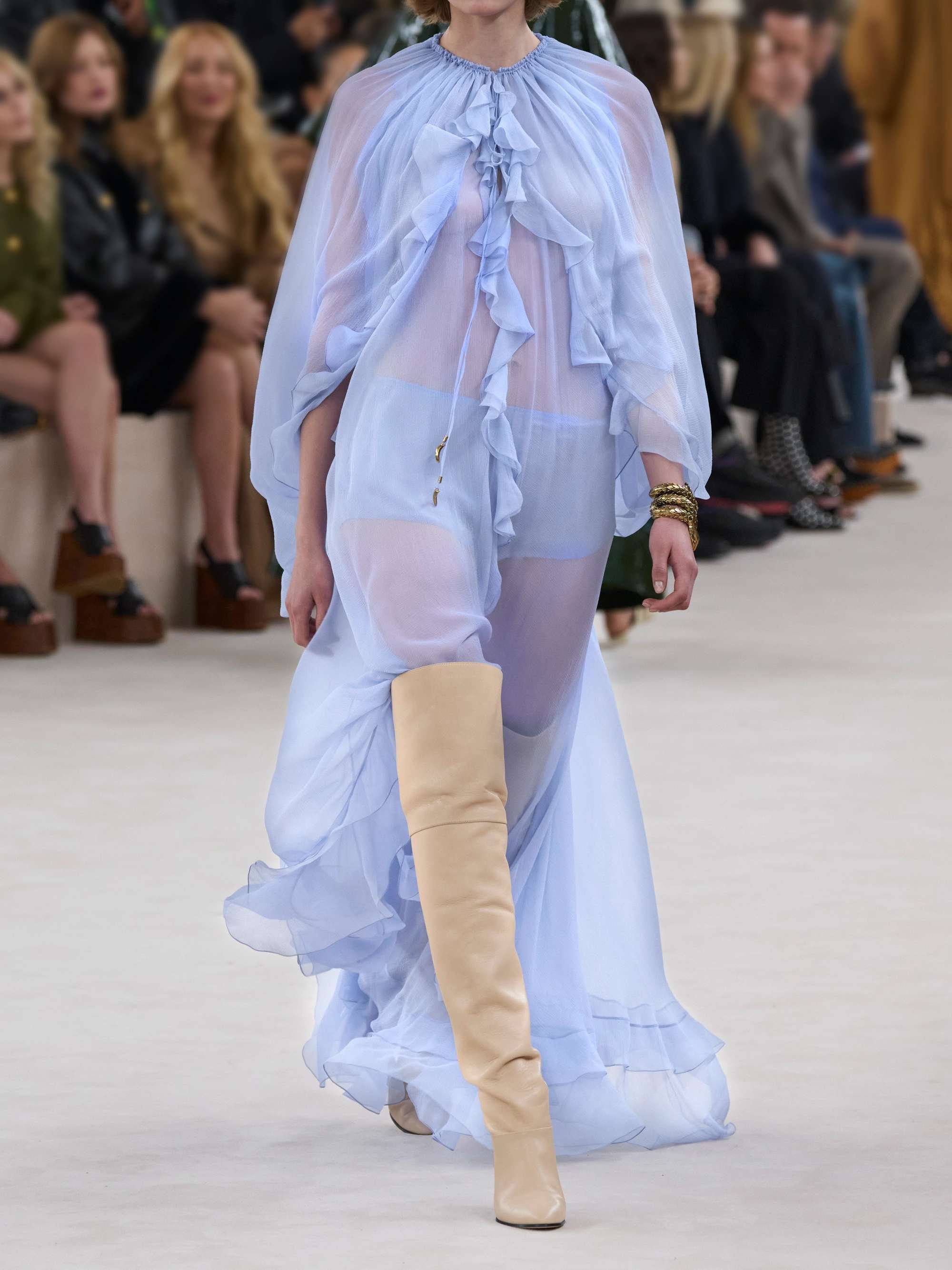 Cape-effect open-back ruffled silk-crepon gown view