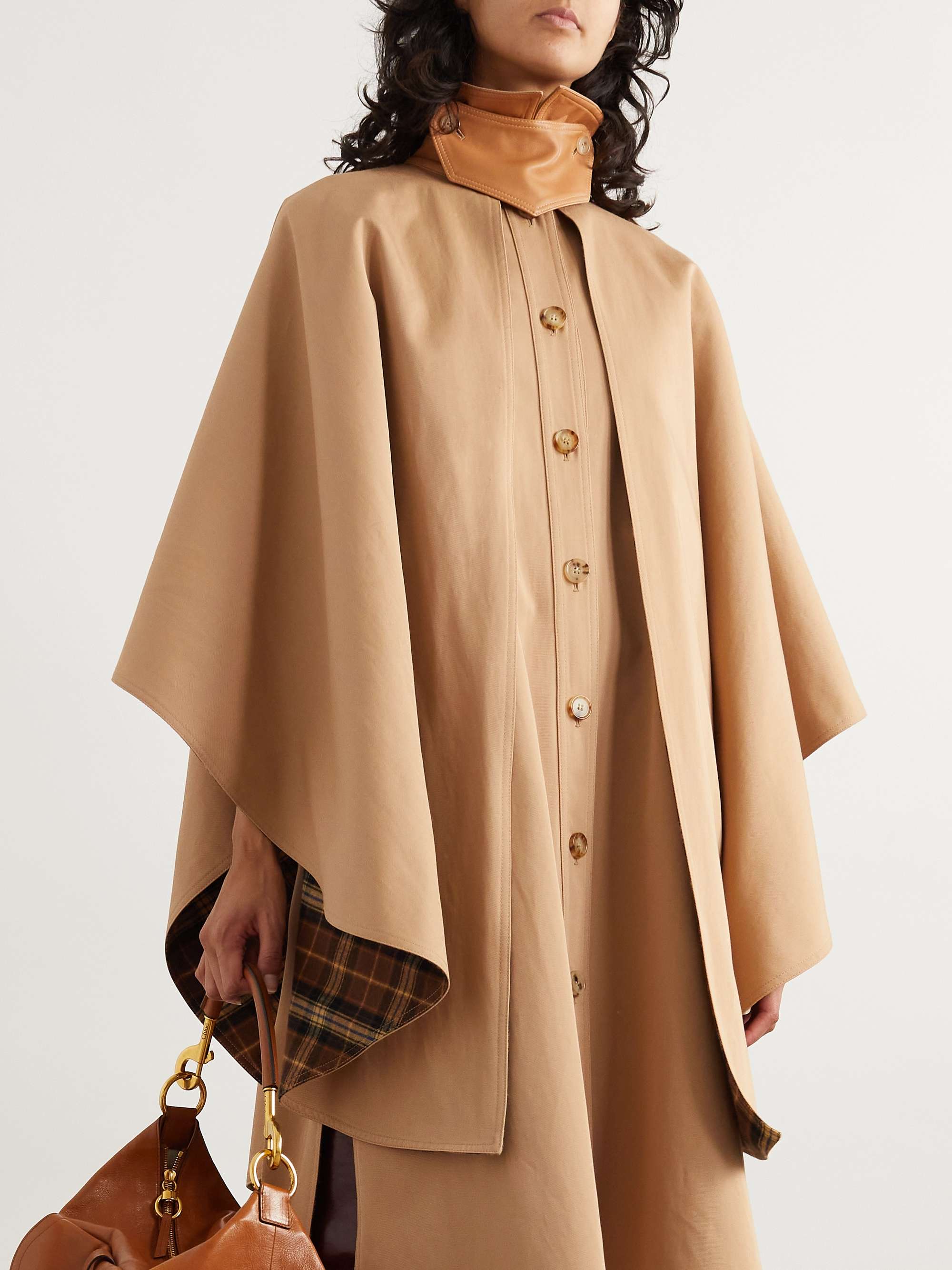 Cape-effect layered leather-trimmed cotton-gabardine trench coat view