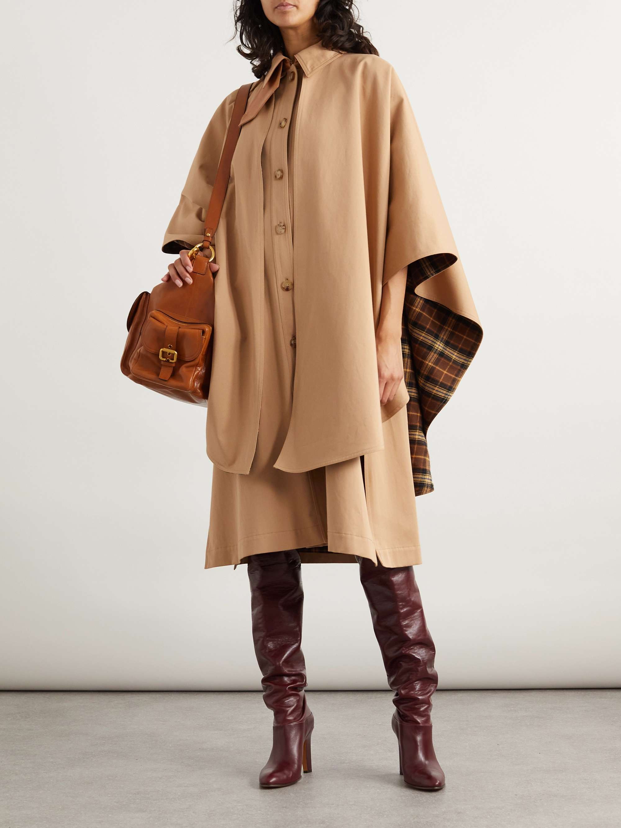Cape-effect layered leather-trimmed cotton-gabardine trench coat view