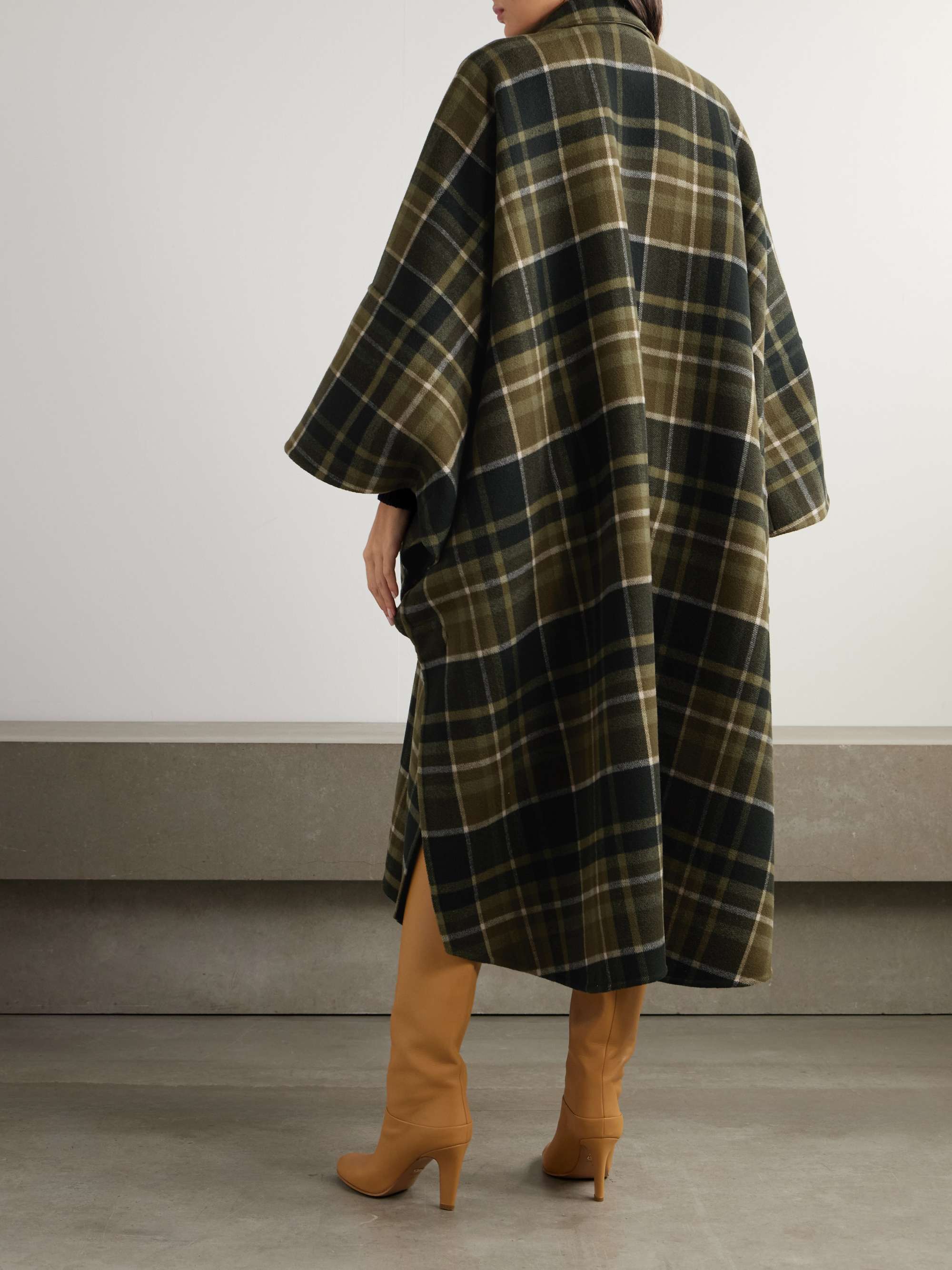 Oversized leather-trimmed checked wool-blend flannel coat view