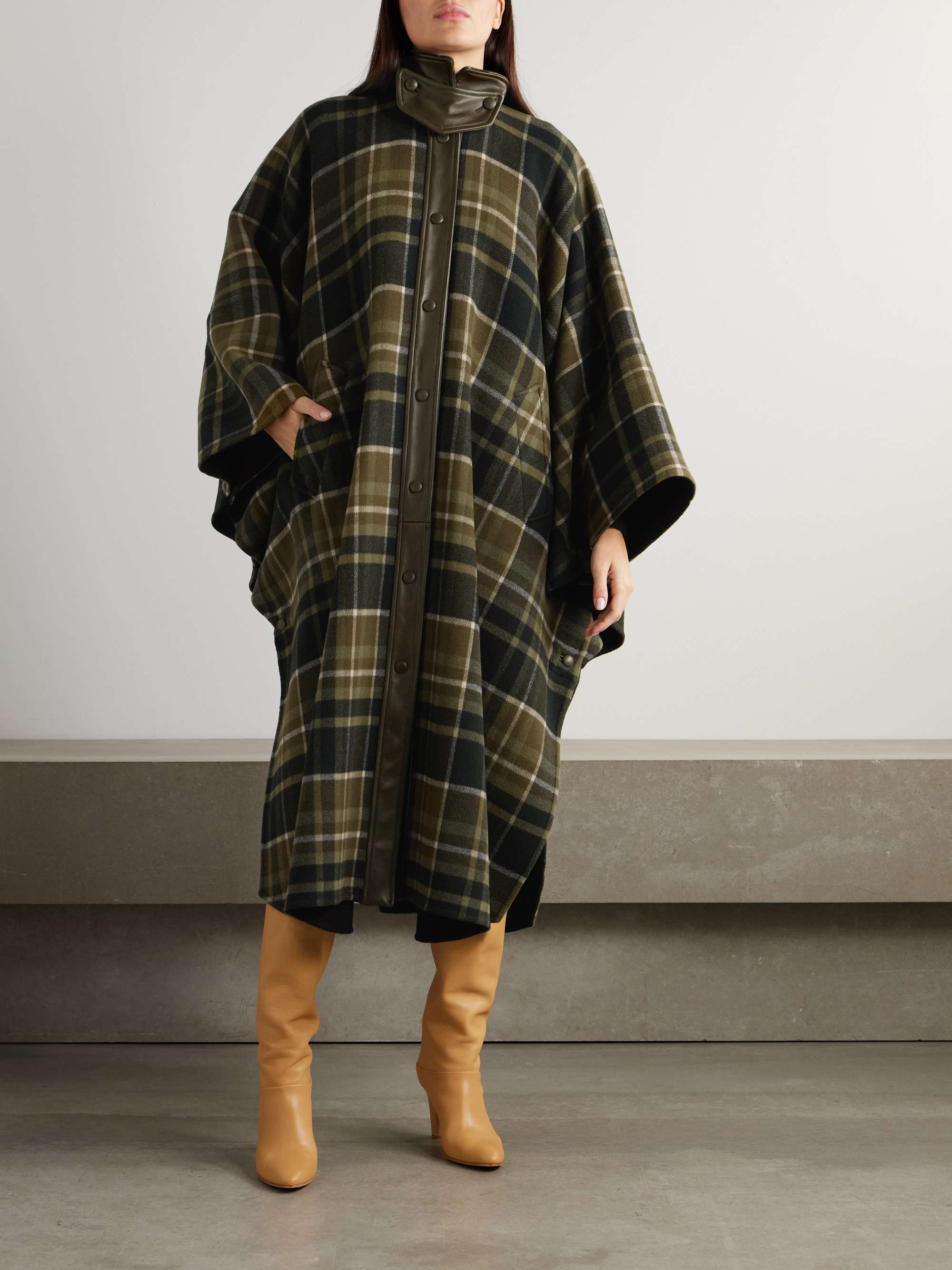 Oversized leather-trimmed checked wool-blend flannel coat view