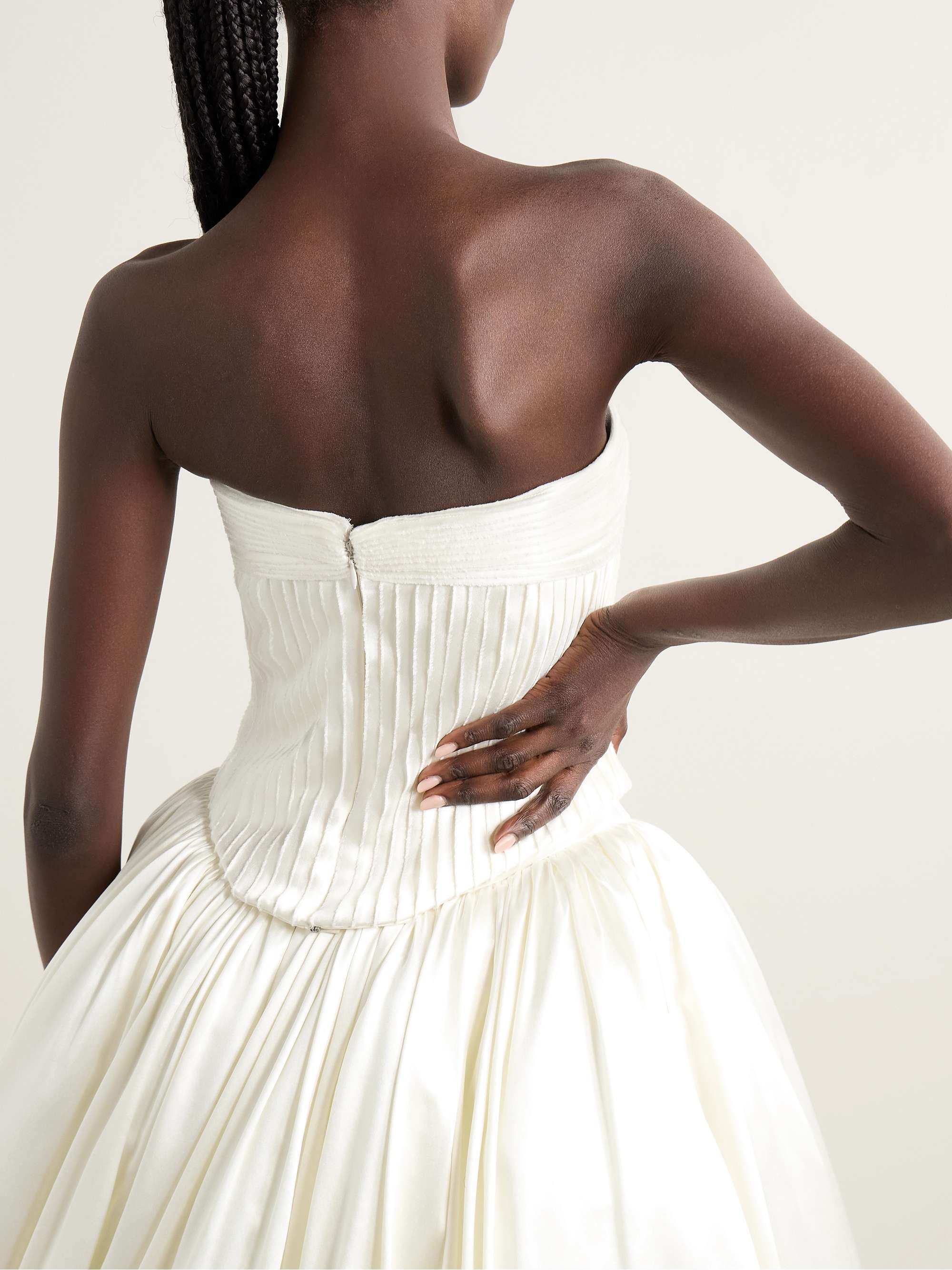 Ella strapless frayed pintucked silk and wool-blend satin bustier top view