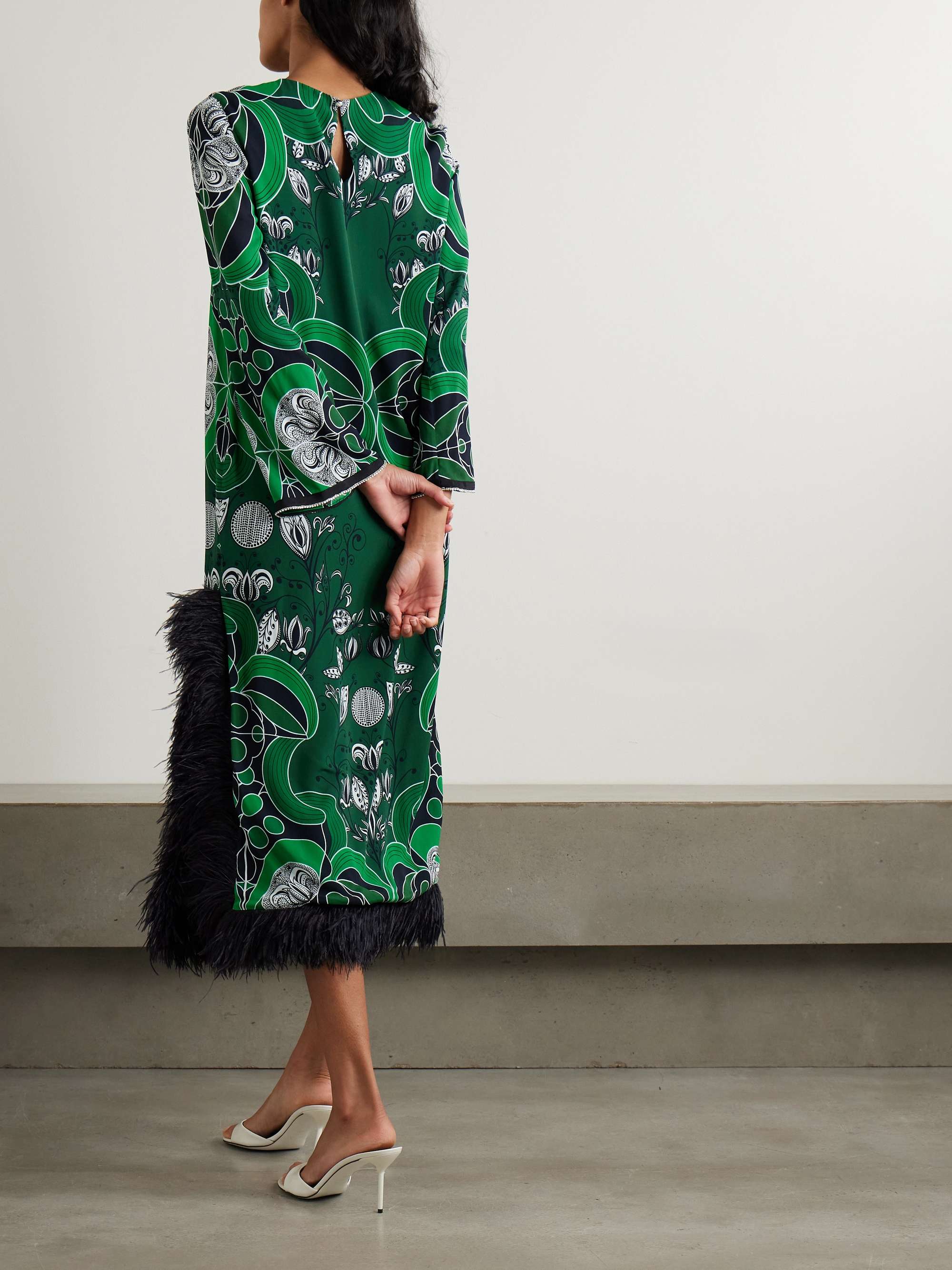 Seraphina crystal-embellished feather-trimmed printed crepe de chine midi dress view