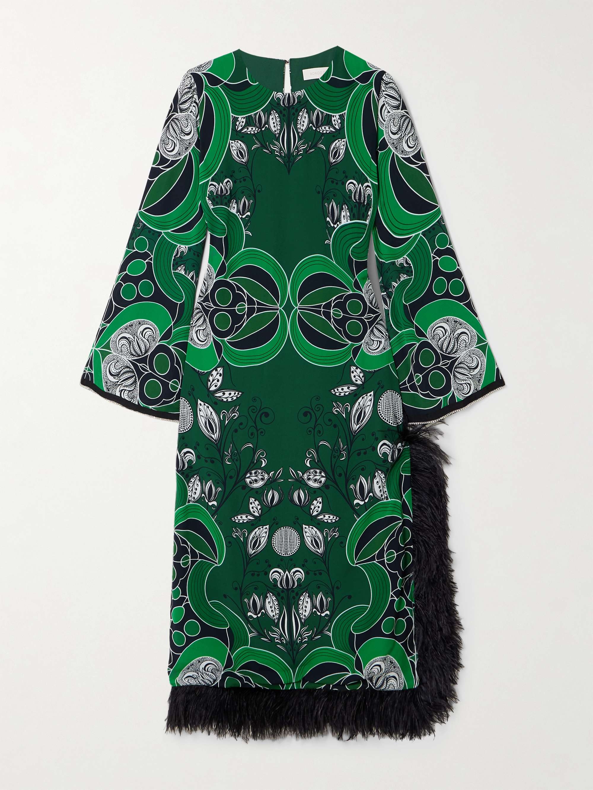 Seraphina crystal-embellished feather-trimmed printed crepe de chine midi dress view