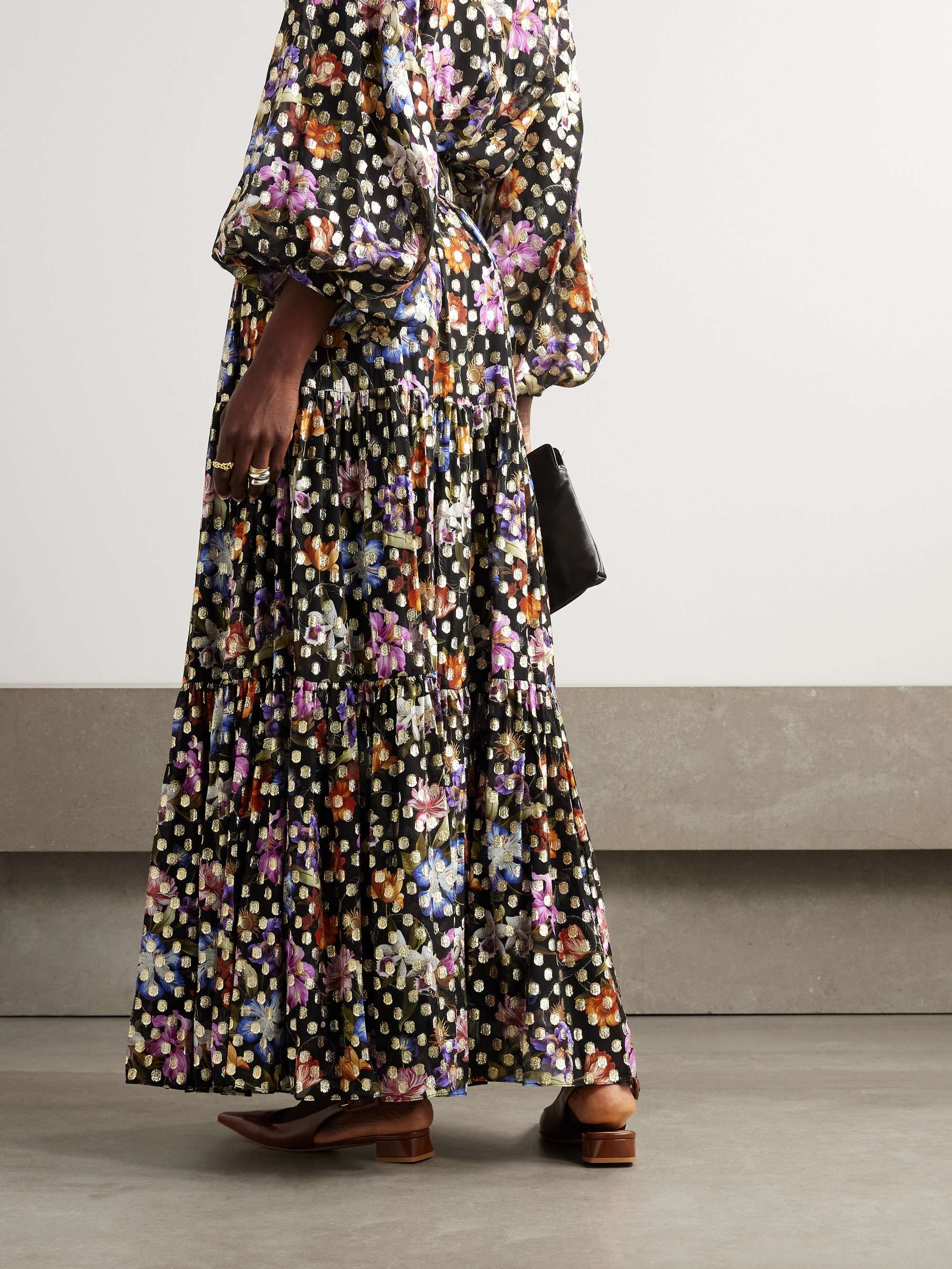 Frey tiered floral-print metallic fil coupé chiffon maxi skirt view
