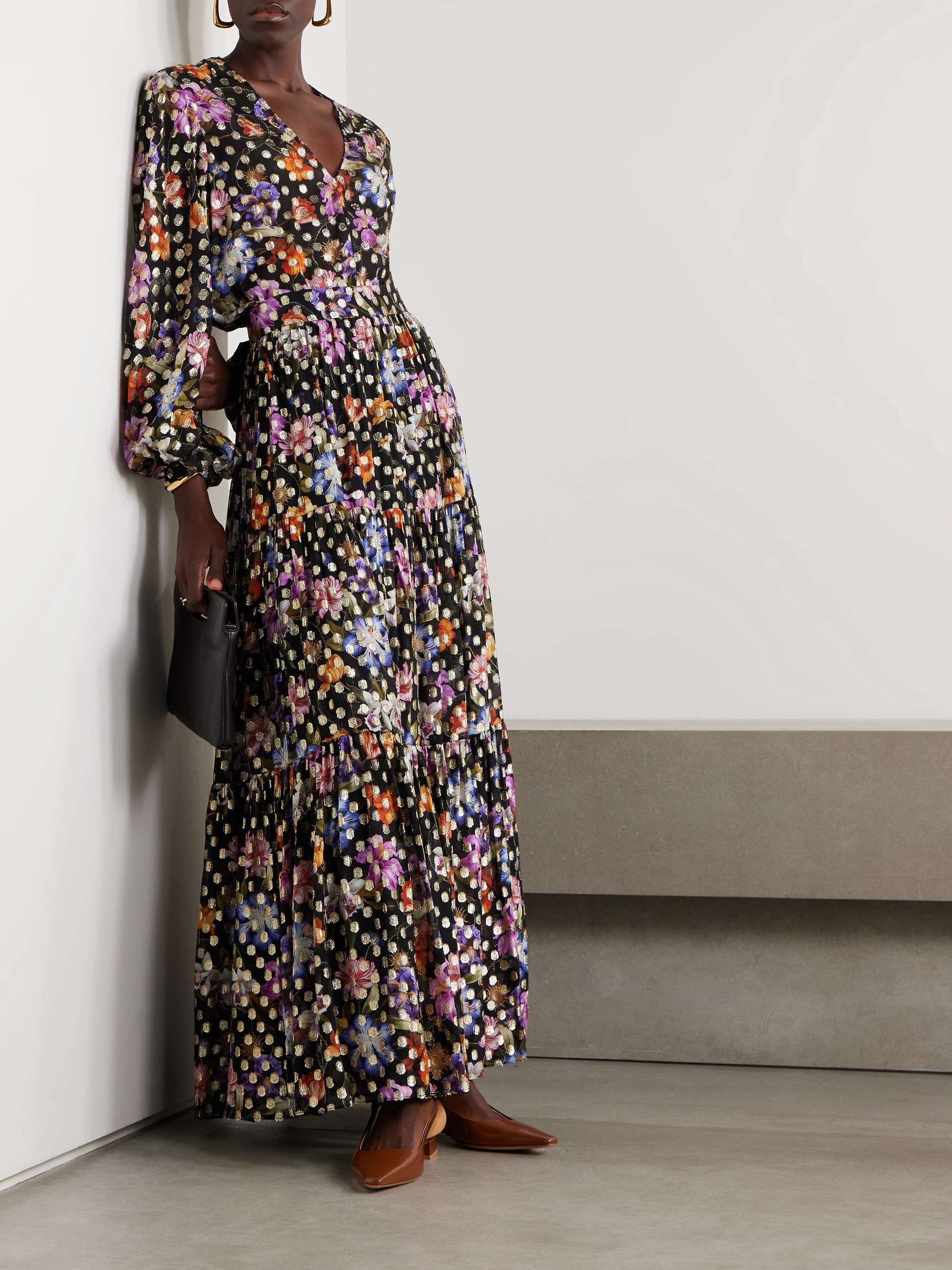 Frey tiered floral-print metallic fil coupé chiffon maxi skirt view