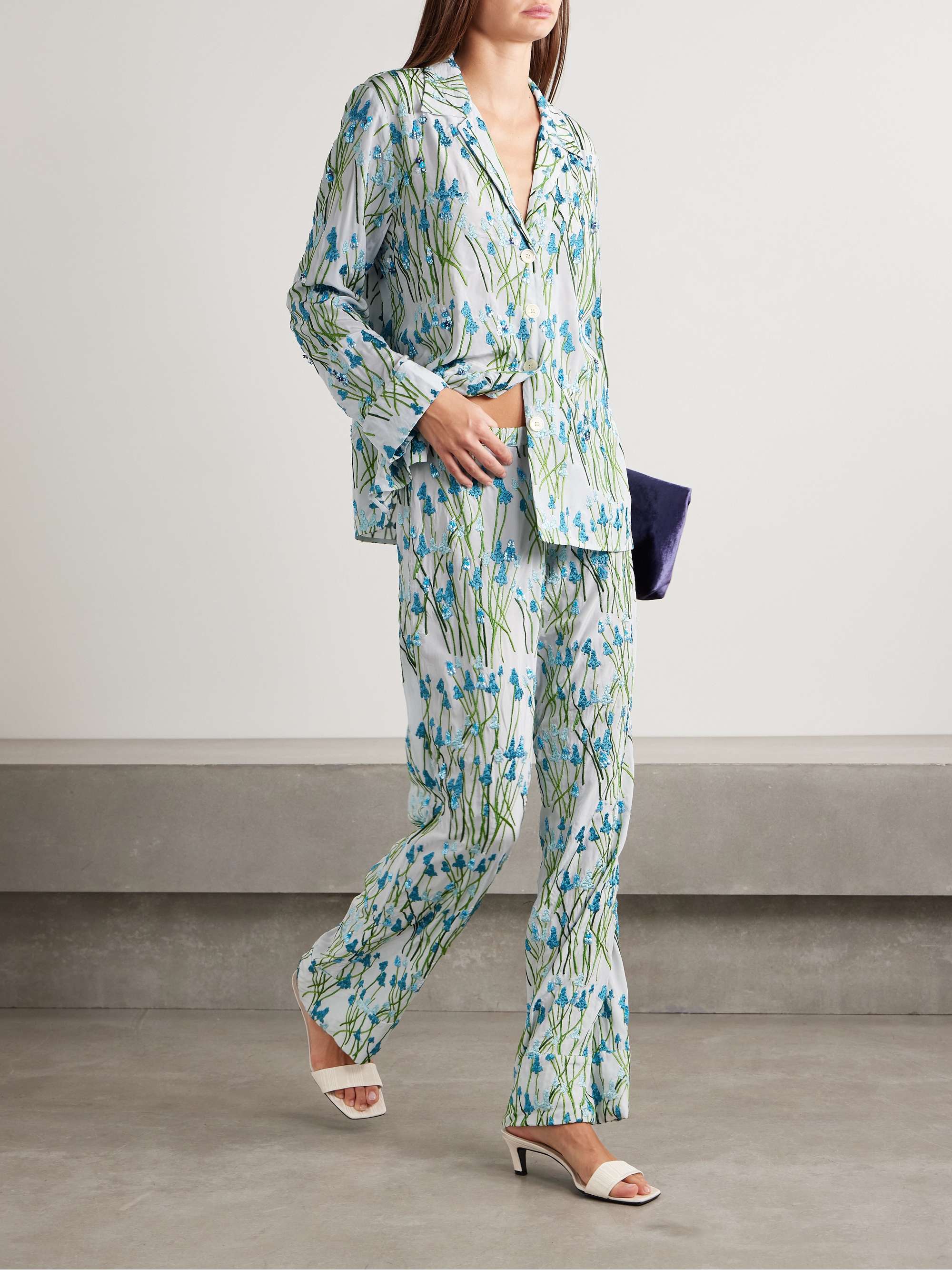 Louis sequin-embellished embroidered silk pajama pants view