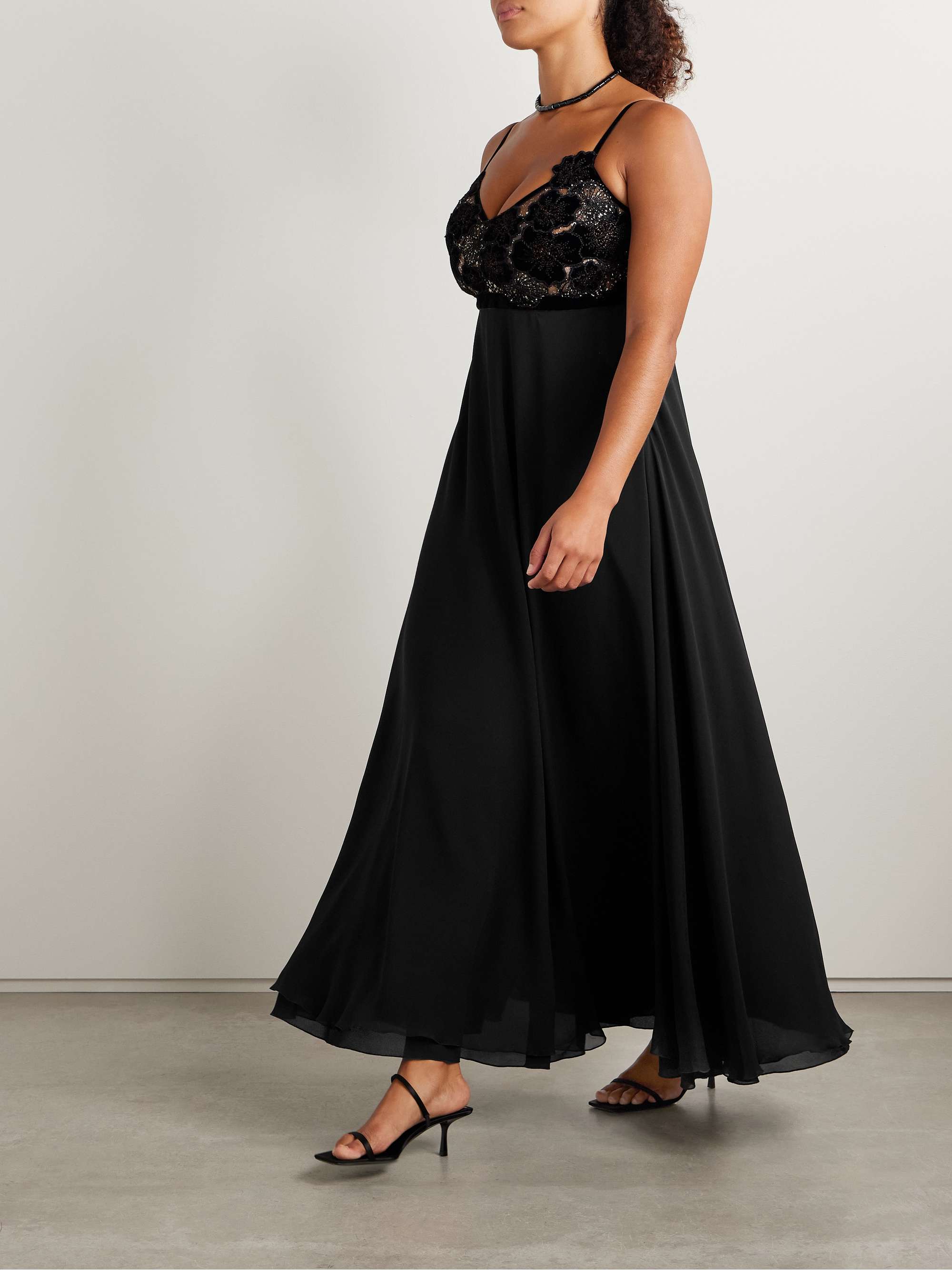 Pansy velvet-trimmed silk-georgette and metallic lace maxi dress view
