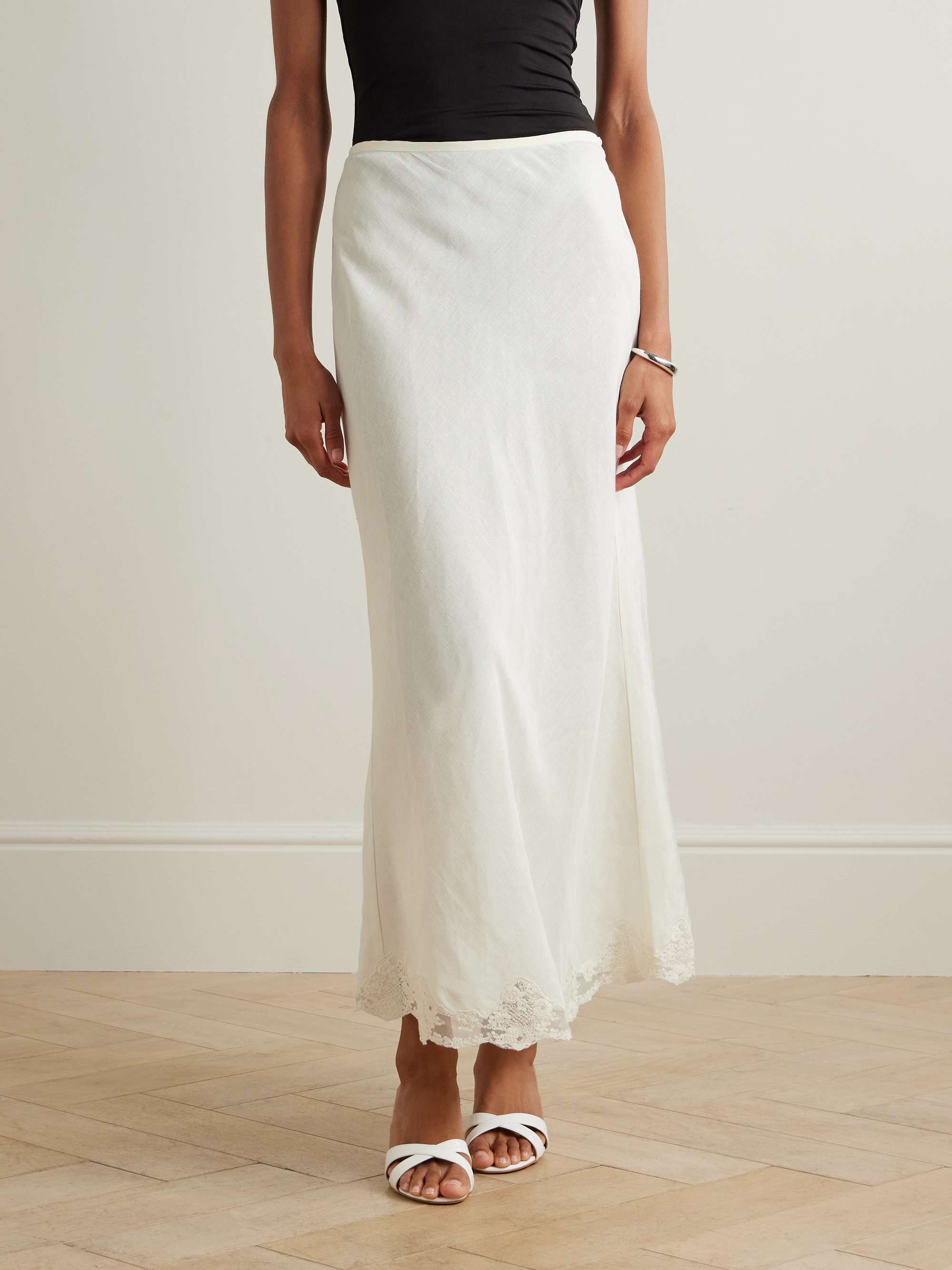 Crystal lace-trimmed linen-blend midi skirt view