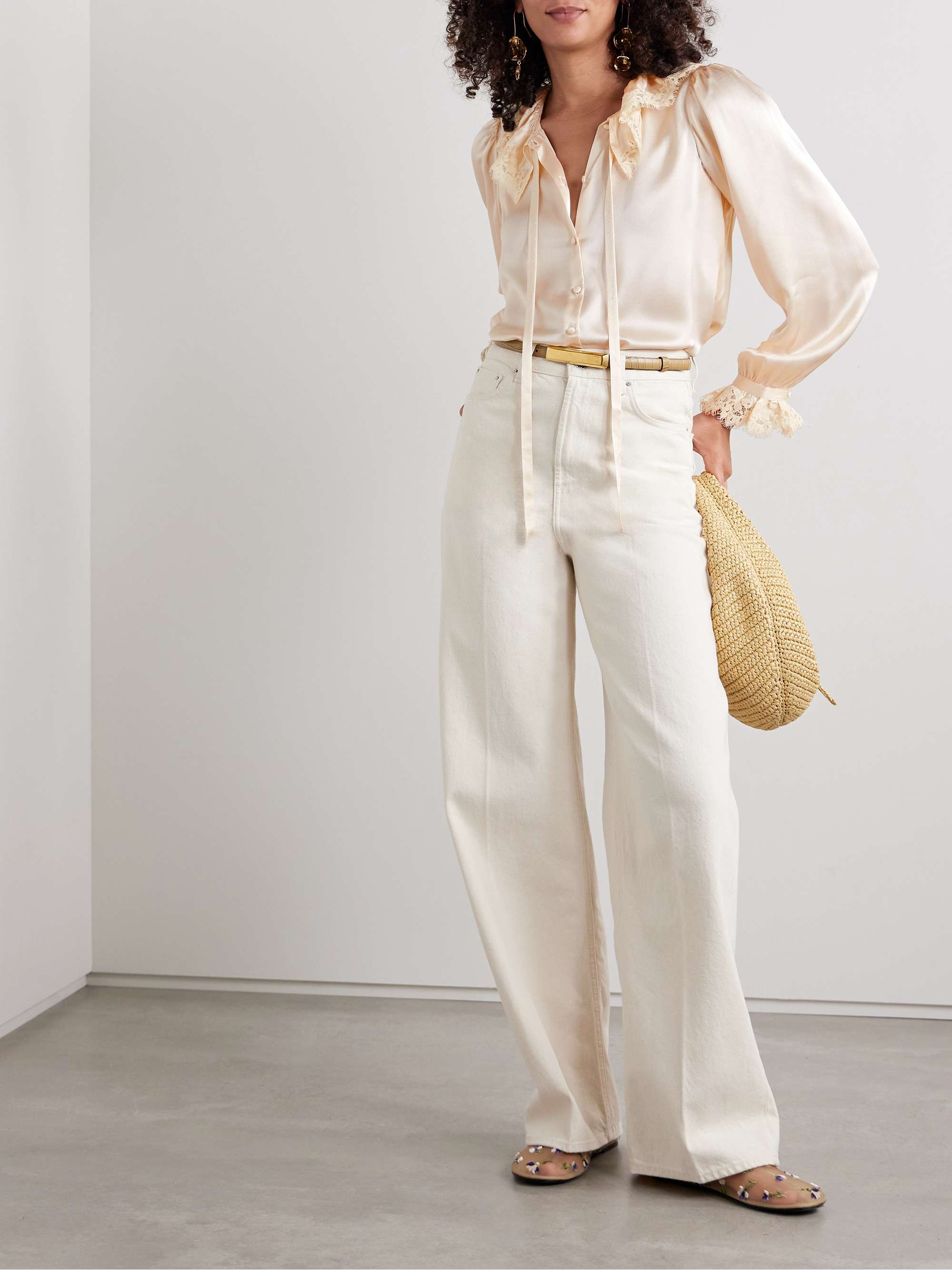 Ingrid corded lace-trimmed ruffled silk-satin blouse view