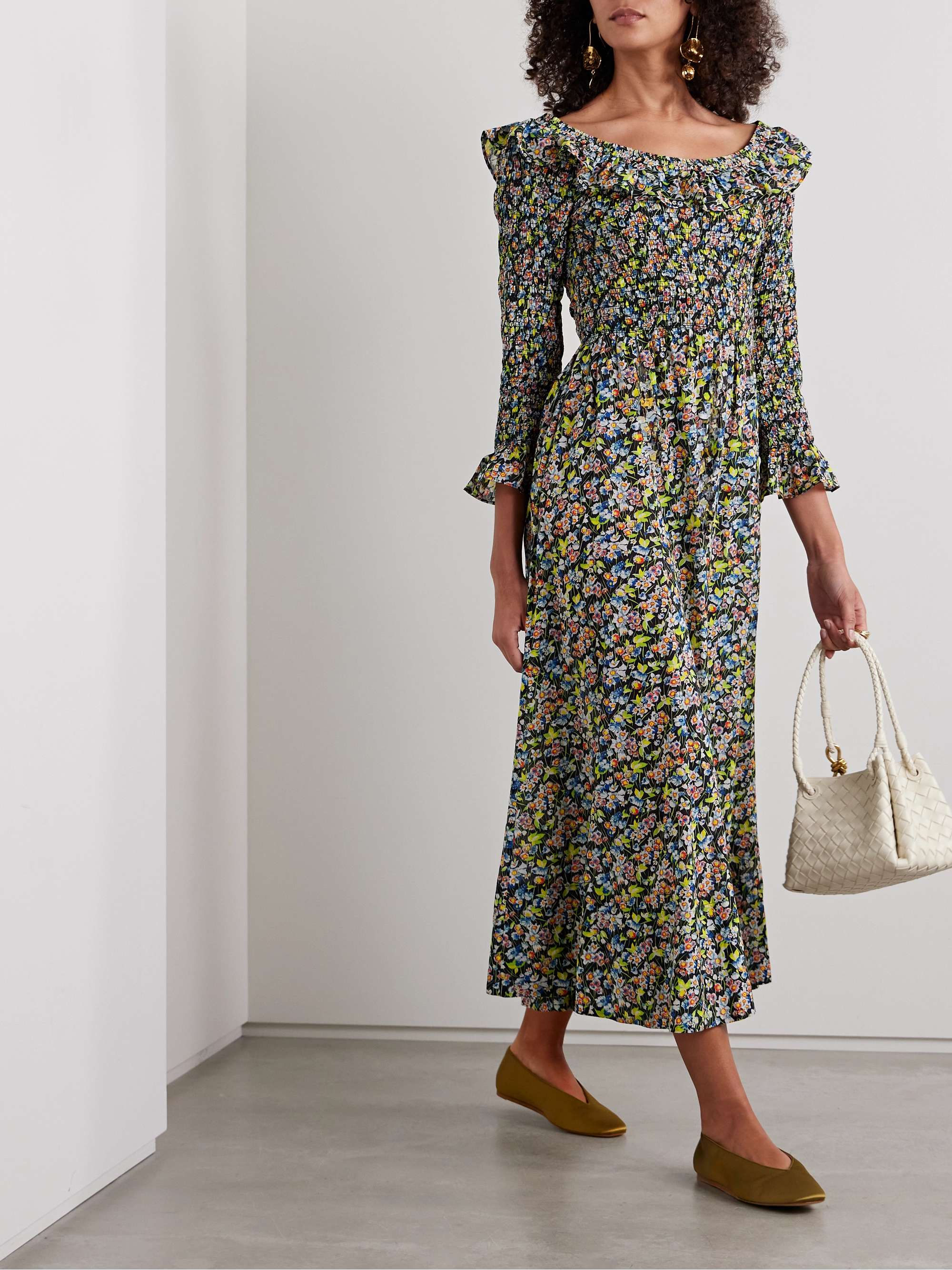 Rosenda ruffled shirred floral-print organic cotton-blend voile midi dress view