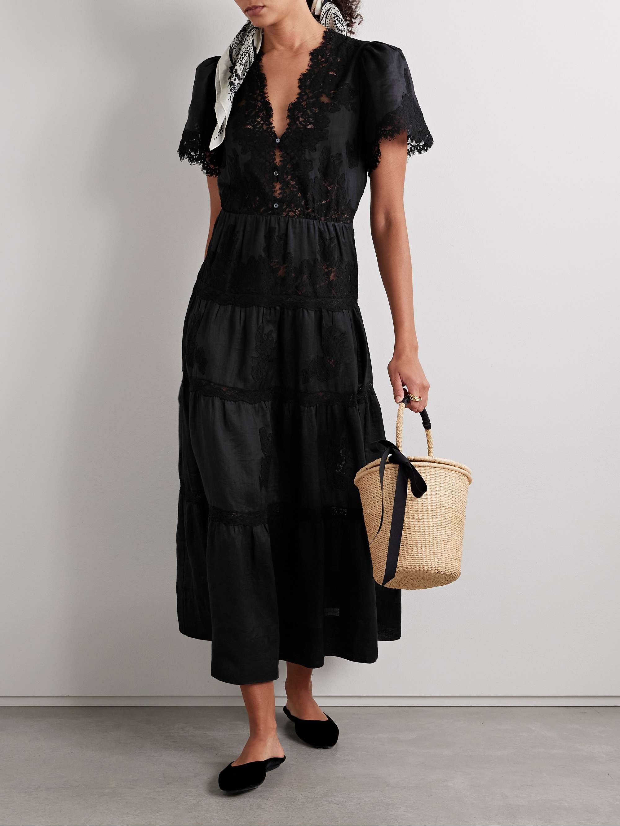 Graciela tiered corded lace-paneled ramie midi dress view