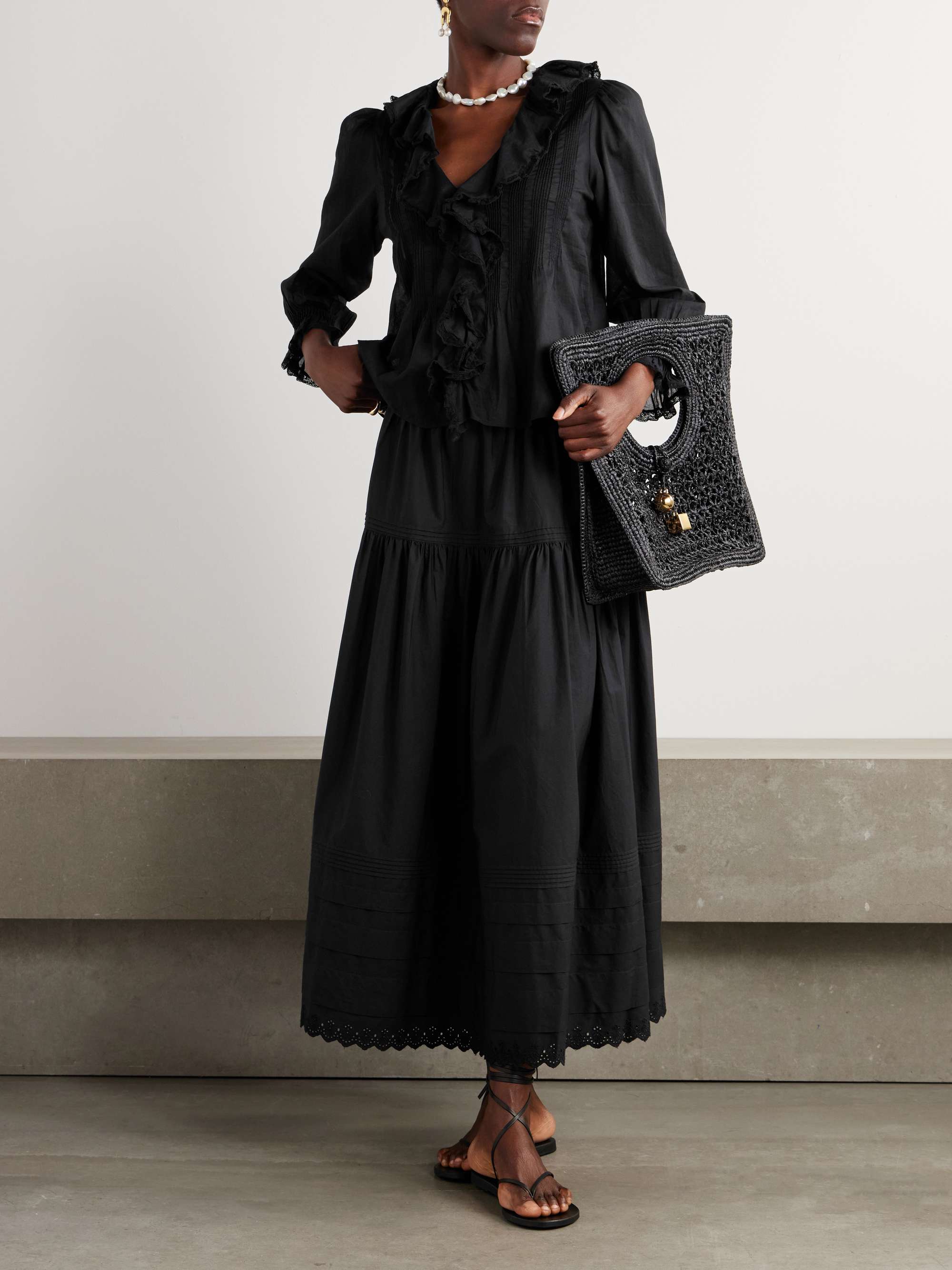 Hardy lace-trimmed ruffled pintucked organic cotton-voile blouse view