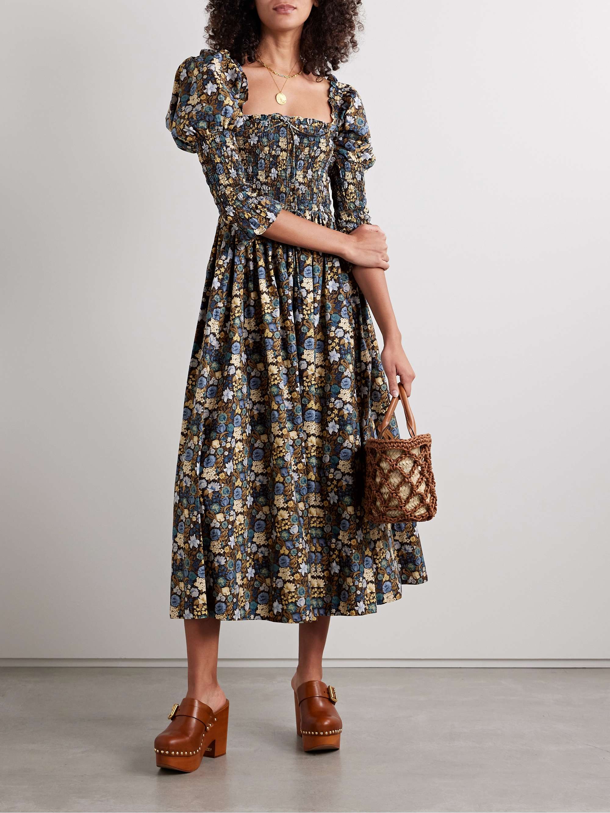 Bijou shirred floral-print organic cotton-voile midi dress view