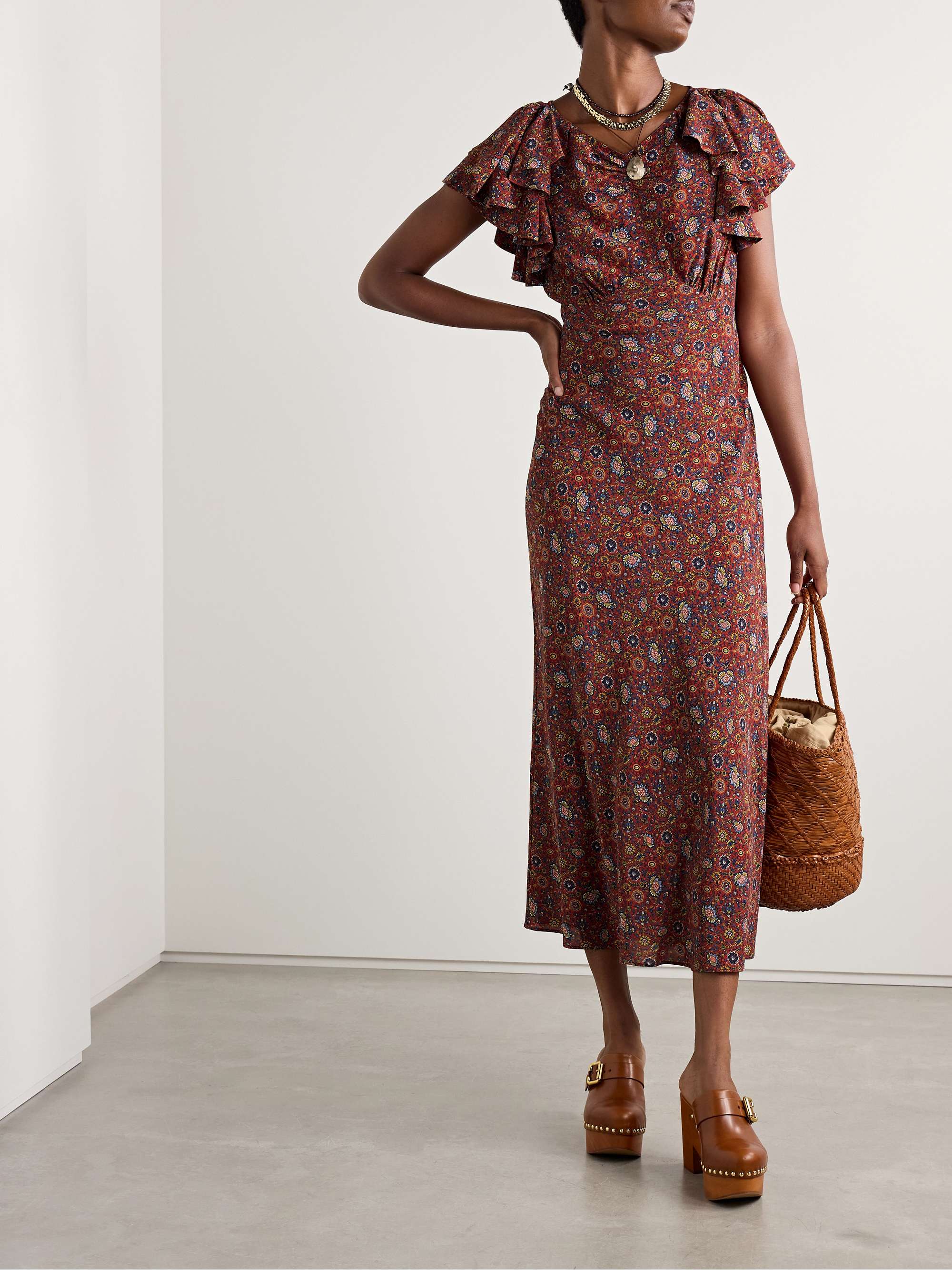 Beatriz ruffled printed silk crepe de chine midi dress view